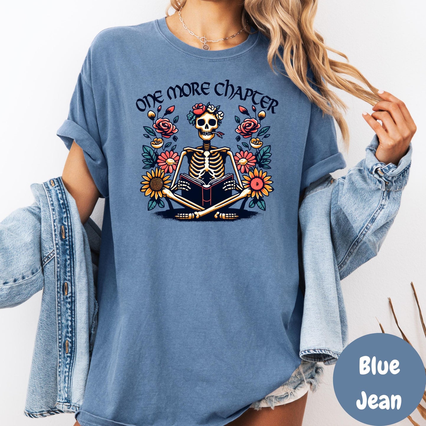 One More Chapter Comfort Colors® Shirt, Funny Skeleton Reading Shirt, Book Lover Graphic Tee, Spooky Reader Shirt, Dark Academia Book Tee
