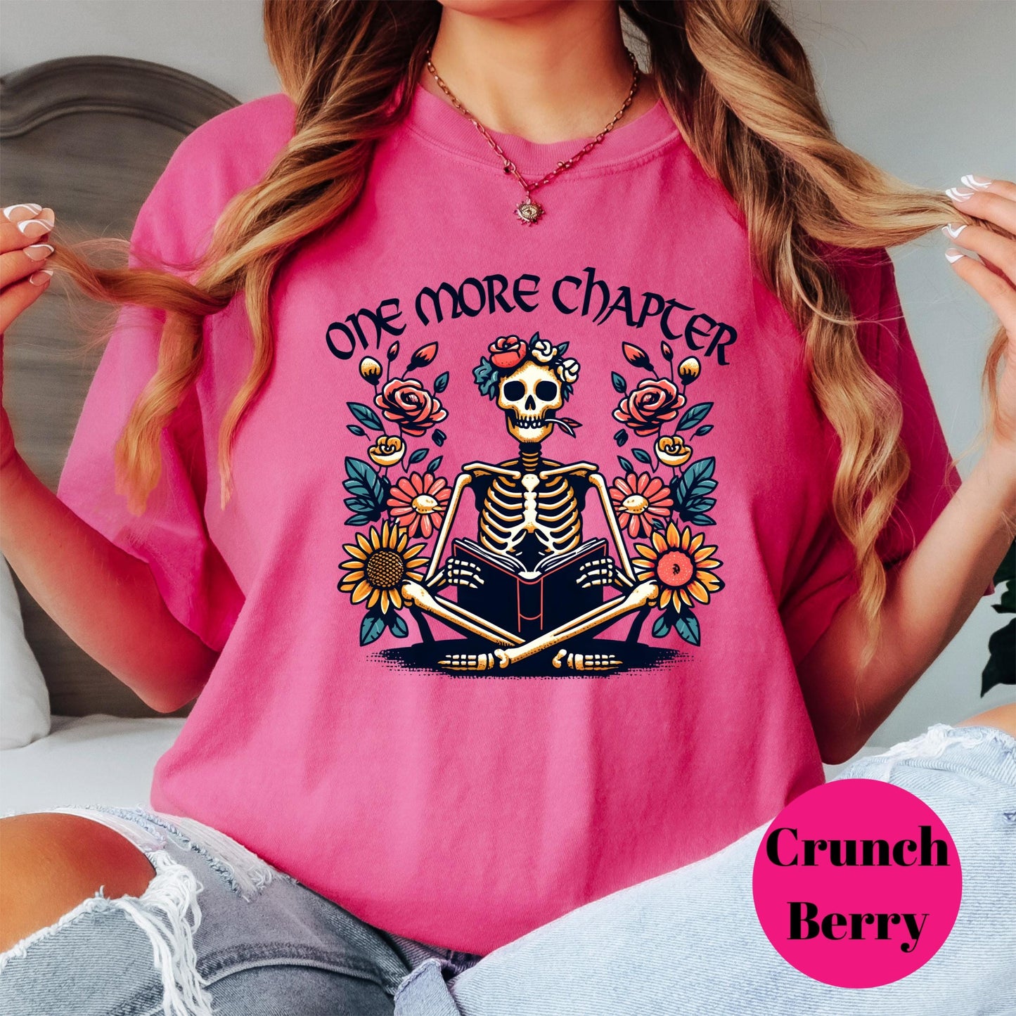 One More Chapter Comfort Colors® Shirt, Funny Skeleton Reading Shirt, Book Lover Graphic Tee, Spooky Reader Shirt, Dark Academia Book Tee