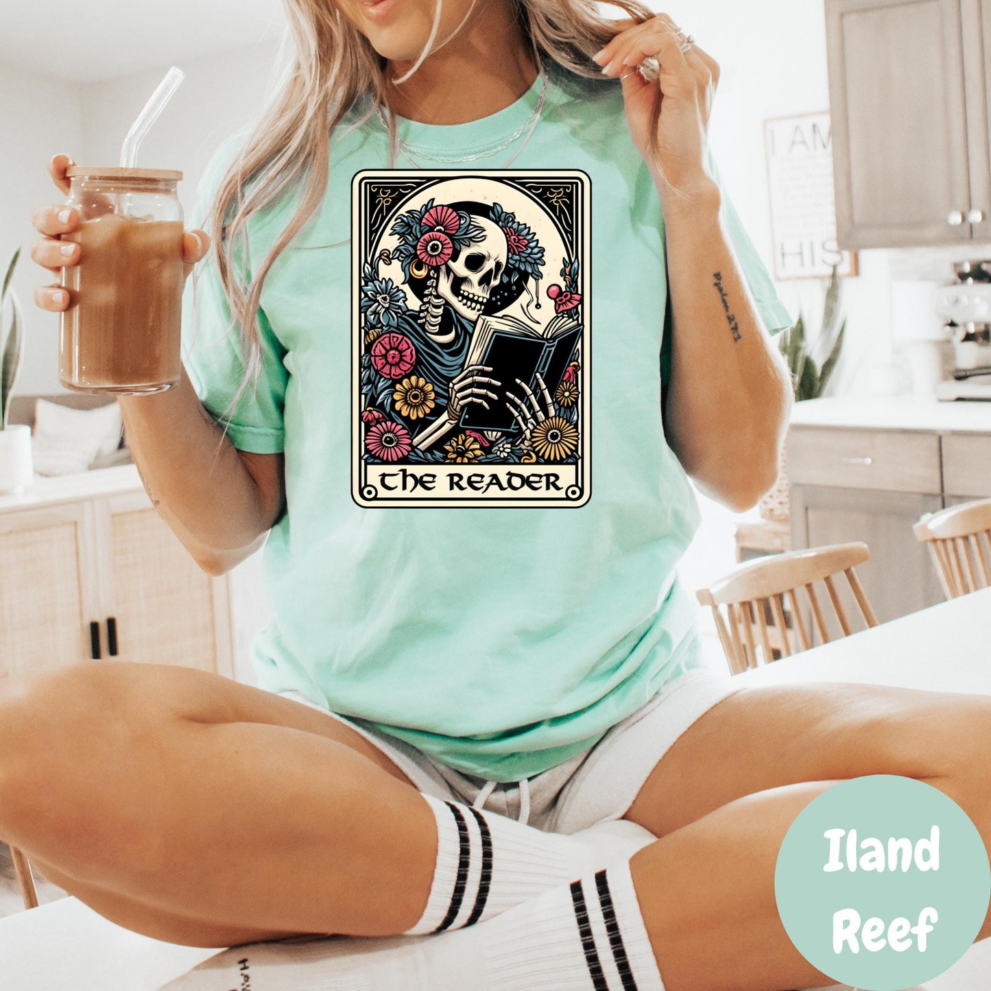 The Reader Comfort Colors® Shirt, Gothic Book Lover Shirt, Skeleton Tarot Card Tee, Dark Academia Graphic Tee, Spooky Reader Shirt