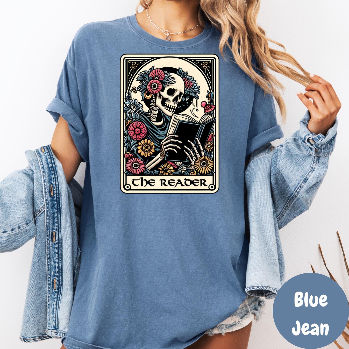 The Reader Comfort Colors® Shirt, Gothic Book Lover Shirt, Skeleton Tarot Card Tee, Dark Academia Graphic Tee, Spooky Reader Shirt