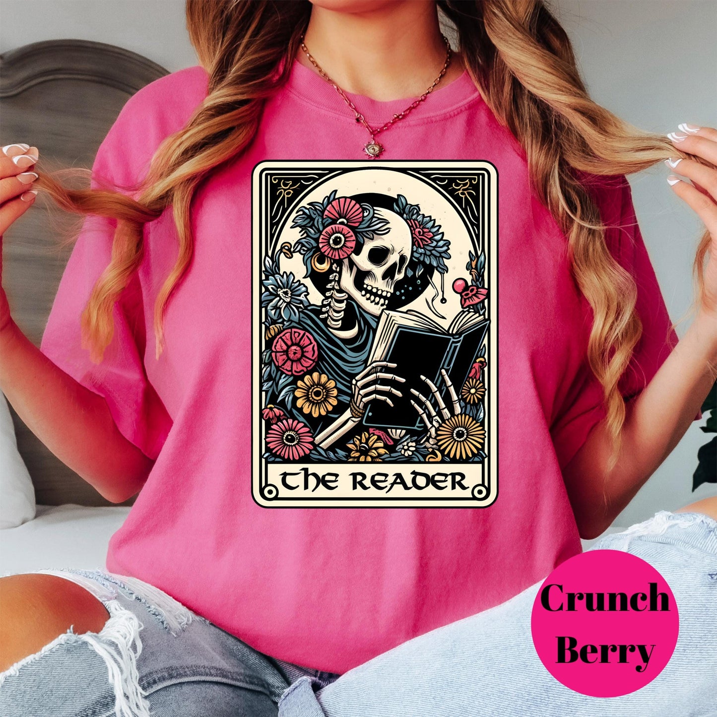 The Reader Comfort Colors® Shirt, Gothic Book Lover Shirt, Skeleton Tarot Card Tee, Dark Academia Graphic Tee, Spooky Reader Shirt