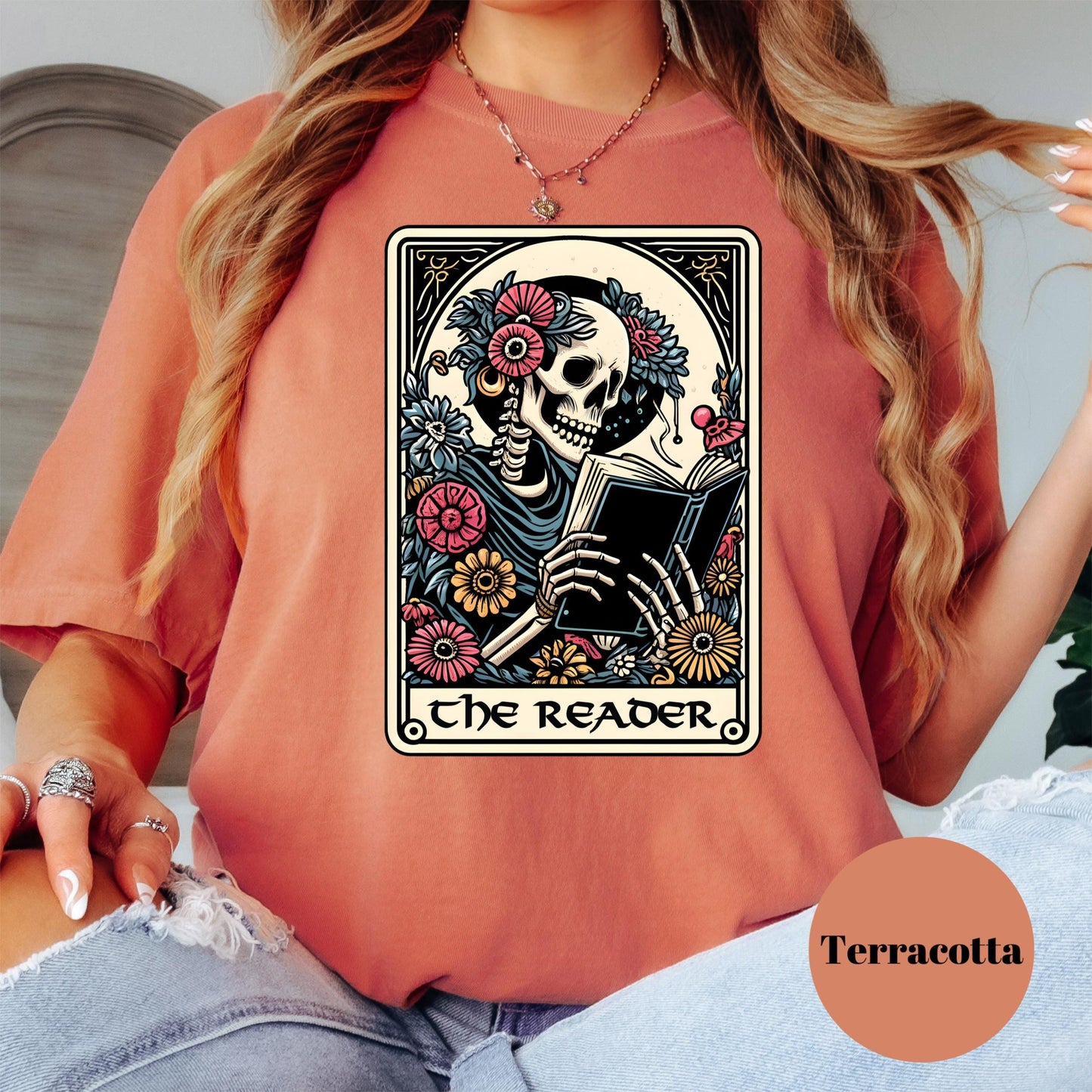 The Reader Comfort Colors® Shirt, Gothic Book Lover Shirt, Skeleton Tarot Card Tee, Dark Academia Graphic Tee, Spooky Reader Shirt