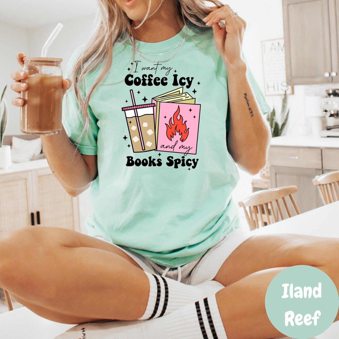 Coffee Icy Books Spicy Shirt, Comfort Colors® Romance Reader Tee, Iced Coffee Bookish Shirt, Spicy Reads T-Shirt, Smut Lover Gift
