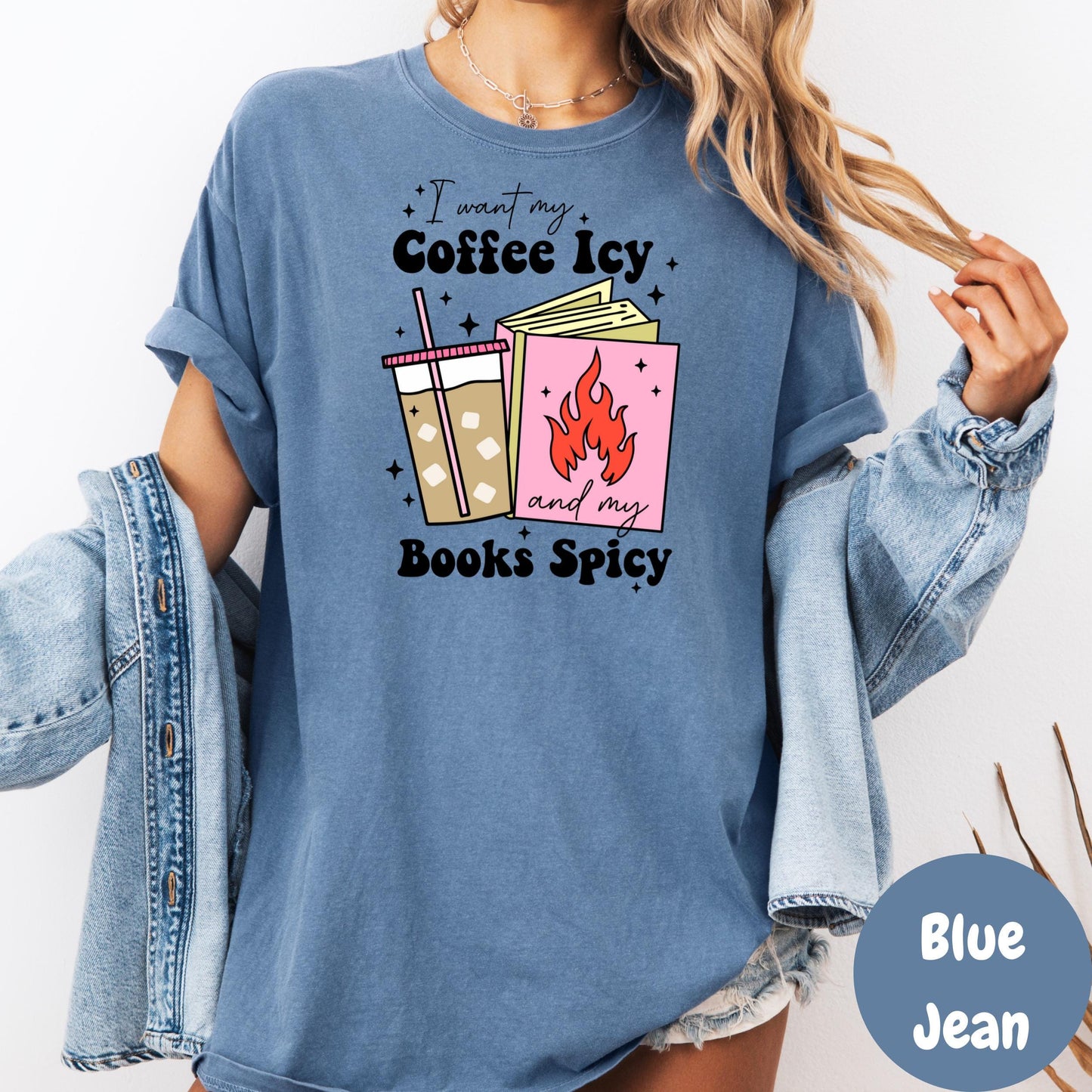 Coffee Icy Books Spicy Shirt, Comfort Colors® Romance Reader Tee, Iced Coffee Bookish Shirt, Spicy Reads T-Shirt, Smut Lover Gift