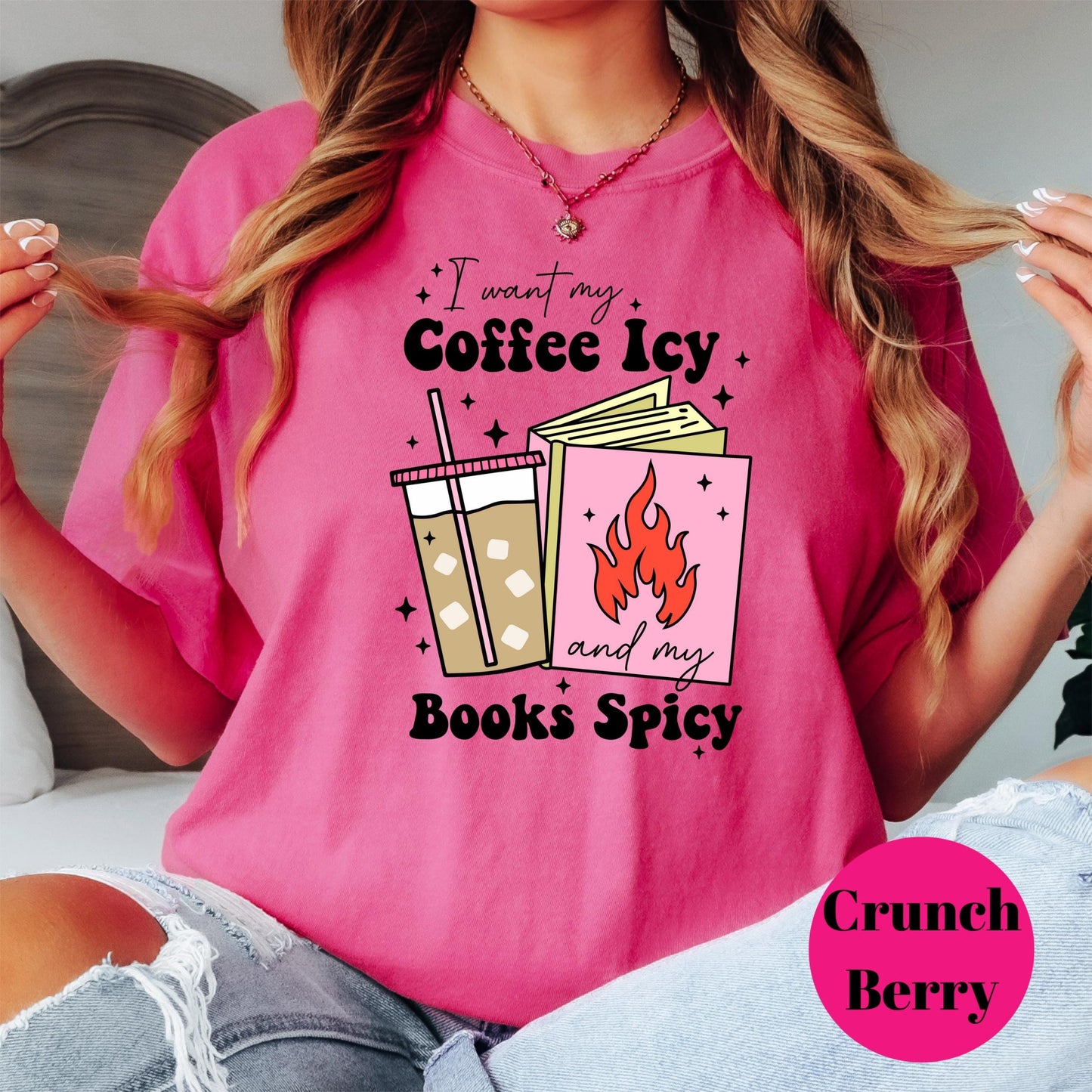 Coffee Icy Books Spicy Shirt, Comfort Colors® Romance Reader Tee, Iced Coffee Bookish Shirt, Spicy Reads T-Shirt, Smut Lover Gift