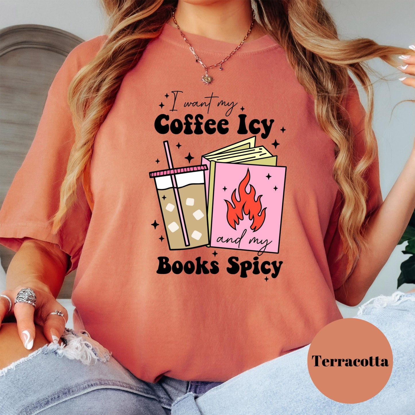 Coffee Icy Books Spicy Shirt, Comfort Colors® Romance Reader Tee, Iced Coffee Bookish Shirt, Spicy Reads T-Shirt, Smut Lover Gift