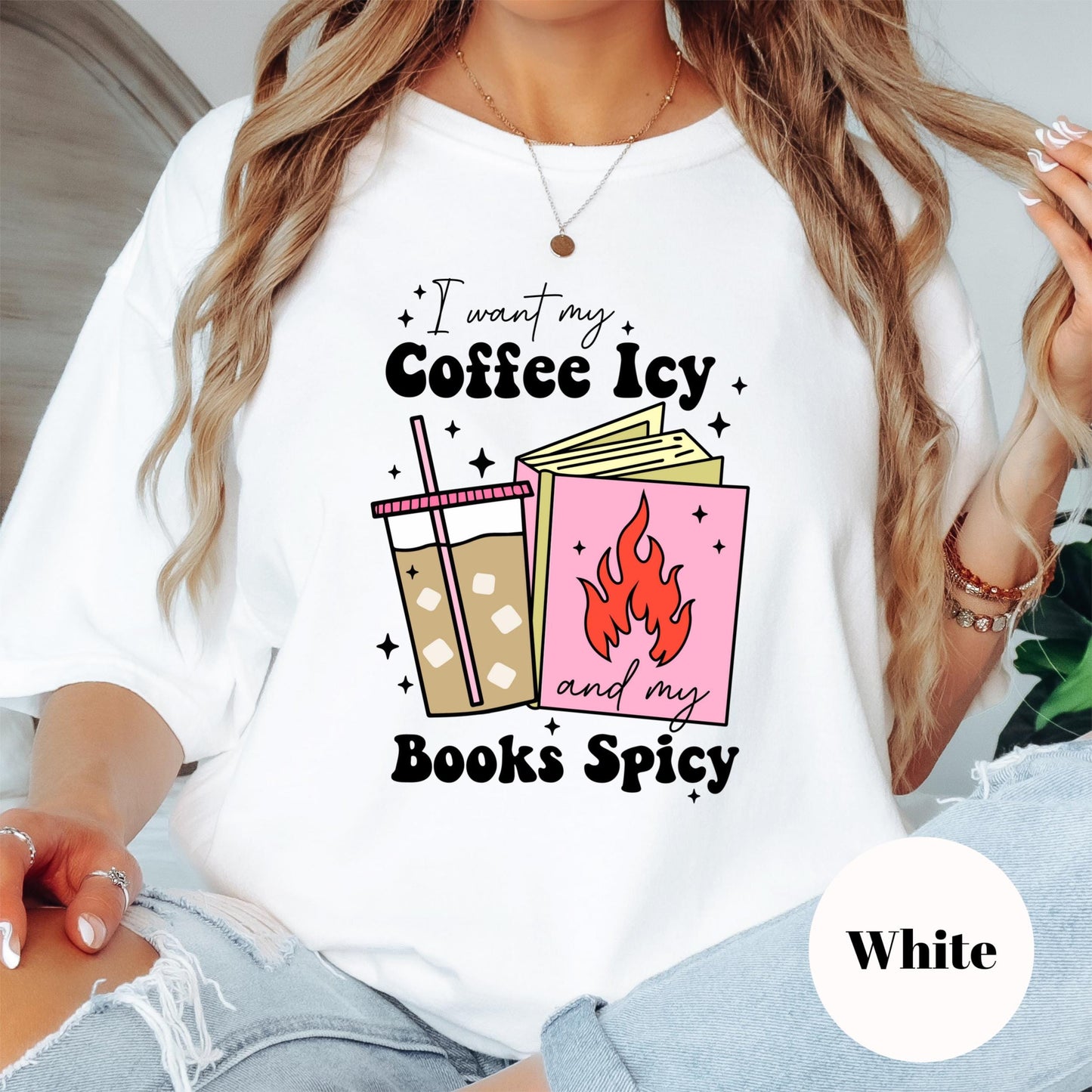 Coffee Icy Books Spicy Shirt, Comfort Colors® Romance Reader Tee, Iced Coffee Bookish Shirt, Spicy Reads T-Shirt, Smut Lover Gift