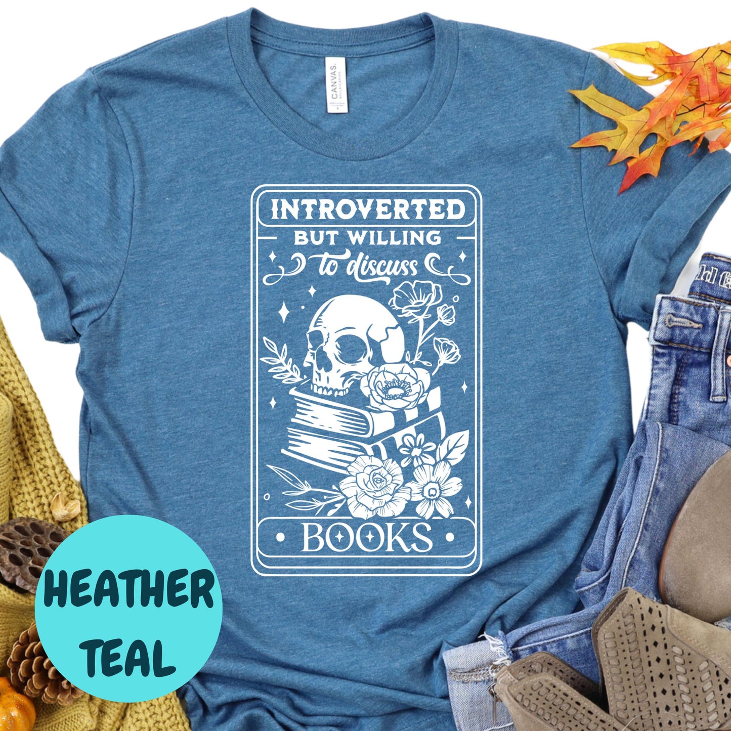 Introverted Book Shirt, But Willing to Discuss Books Tee, Funny Bookish Graphic Shirt, Goth Reader Gift, Skull Book Lover T-Shirt