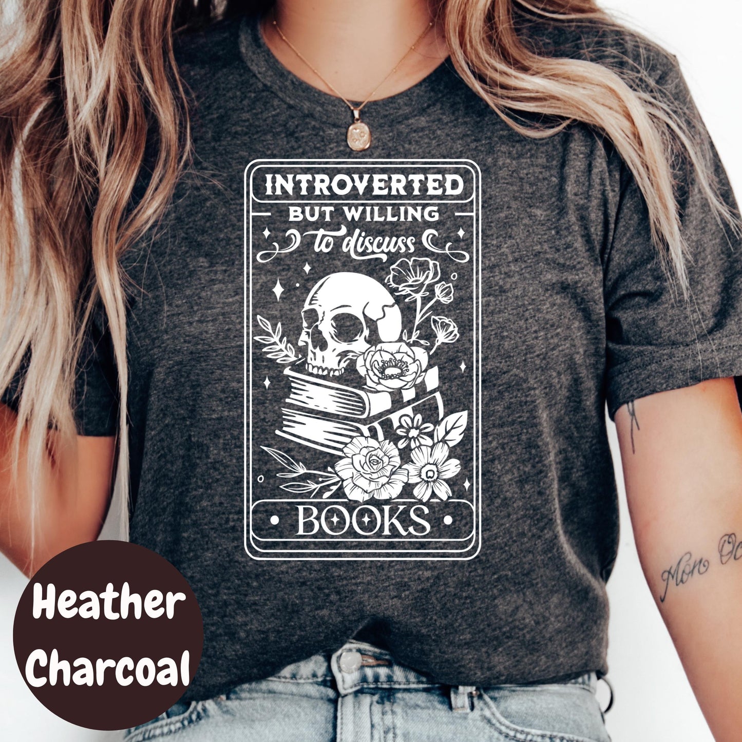 Introverted Book Shirt, But Willing to Discuss Books Tee, Funny Bookish Graphic Shirt, Goth Reader Gift, Skull Book Lover T-Shirt