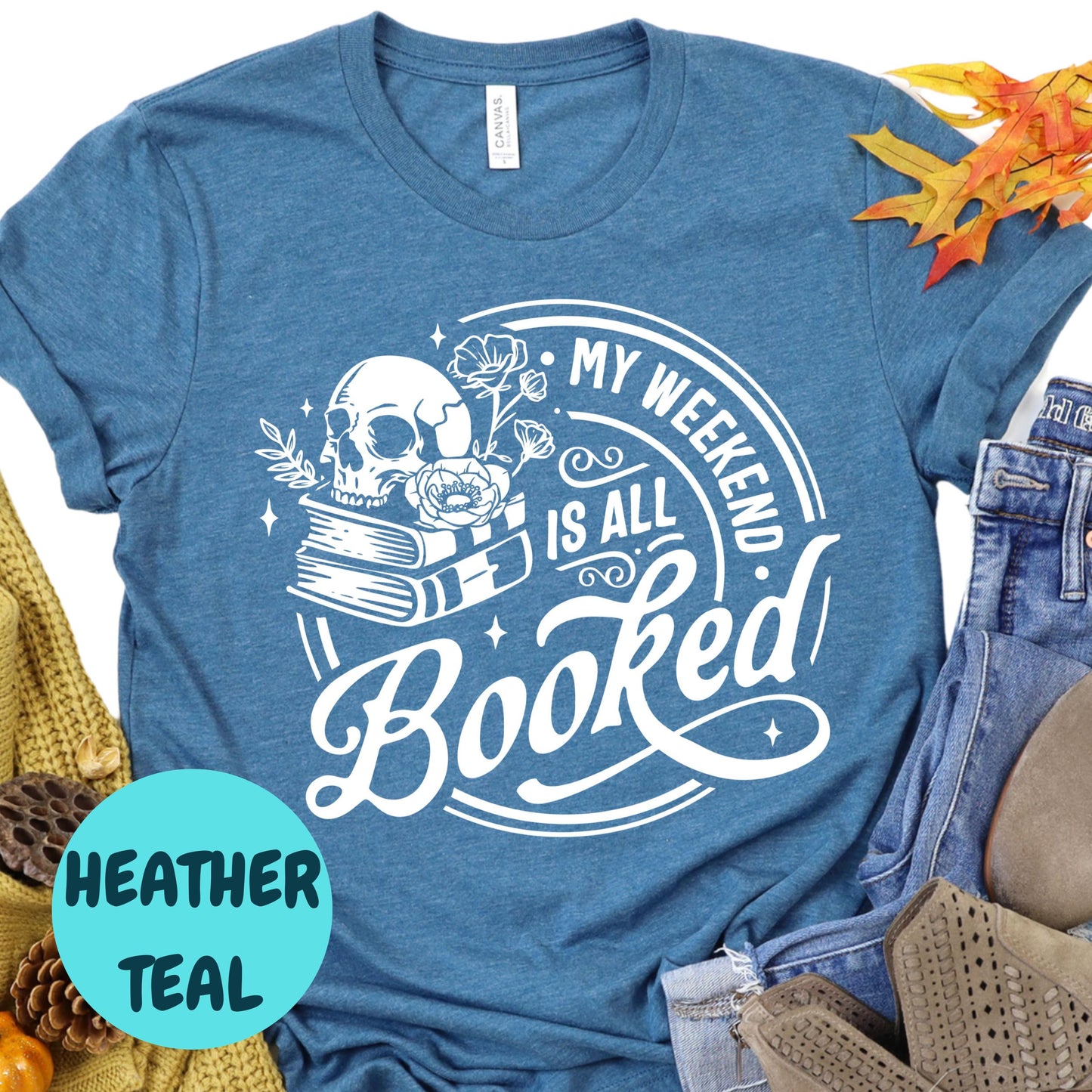 My Weekend Is All Booked Shirt, Funny Book Lover Tee, Skull and Books Reading Shirt, Bookish Graphic Tee, Weekend Reader Gift
