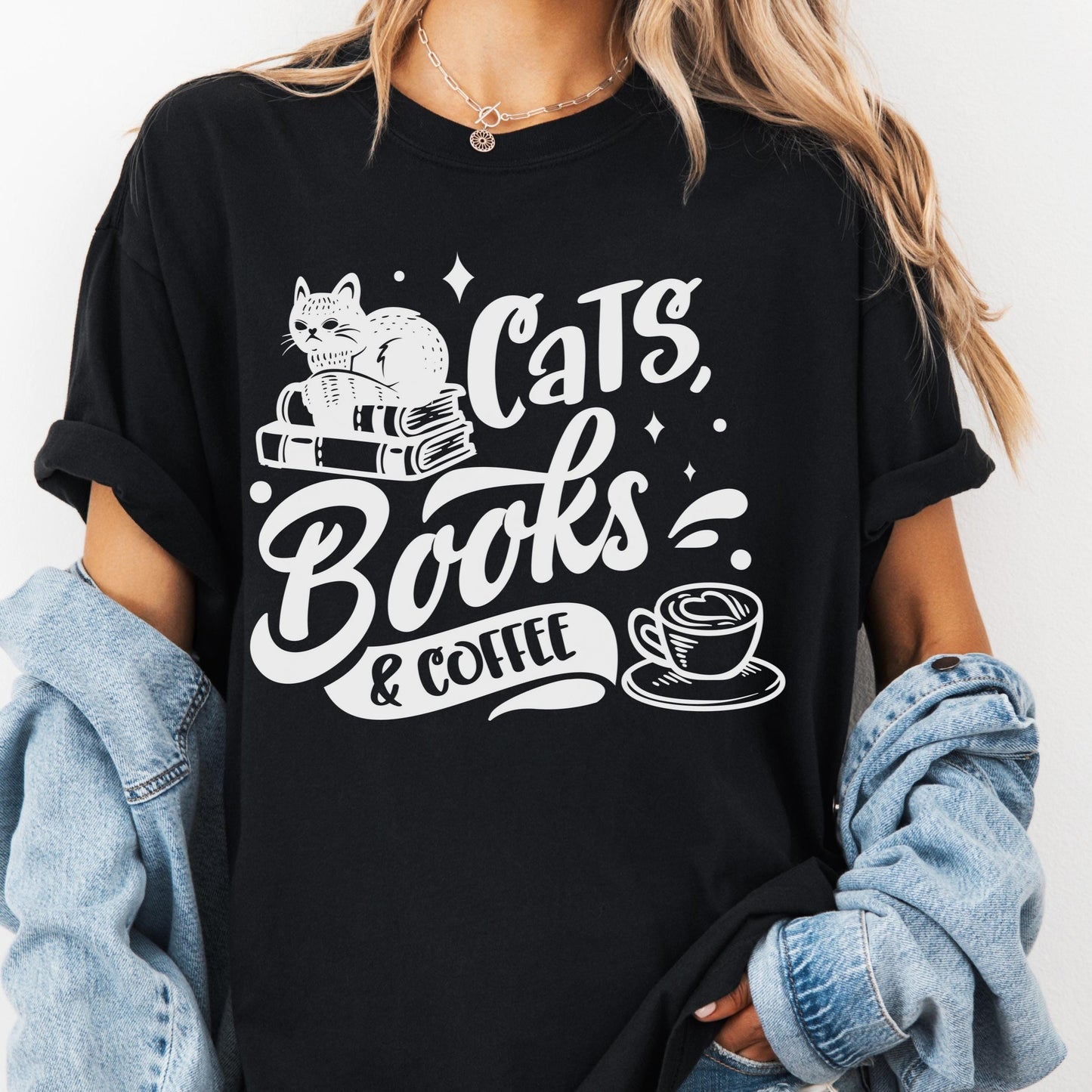 Cats Books and Coffee Shirt, Comfort Colors® Book Lover Tee, Cat Mom Gift, Cozy Reader Shirt, Bookish Graphic Tee, Coffee Shirt for Women