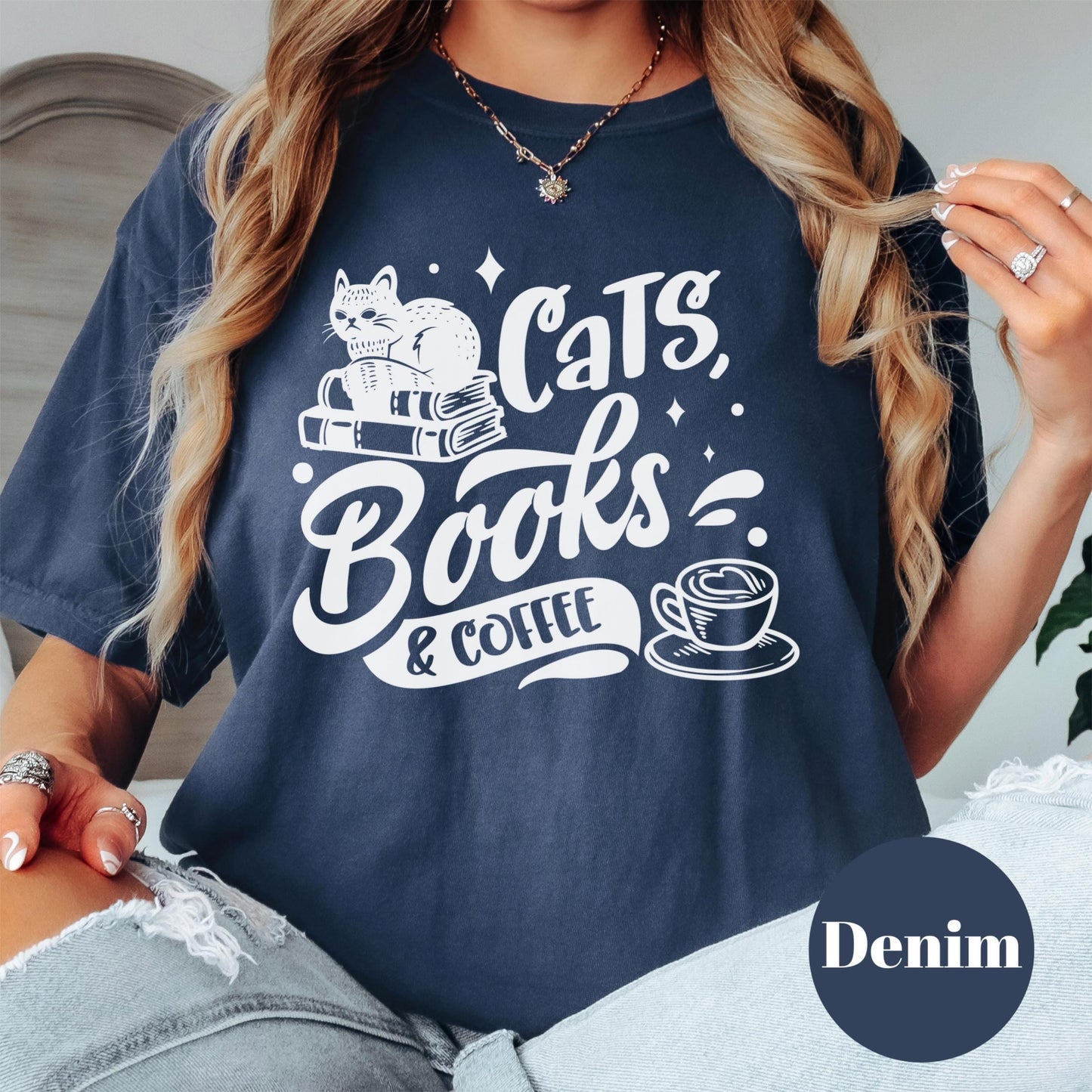Cats Books and Coffee Shirt, Comfort Colors® Book Lover Tee, Cat Mom Gift, Cozy Reader Shirt, Bookish Graphic Tee, Coffee Shirt for Women