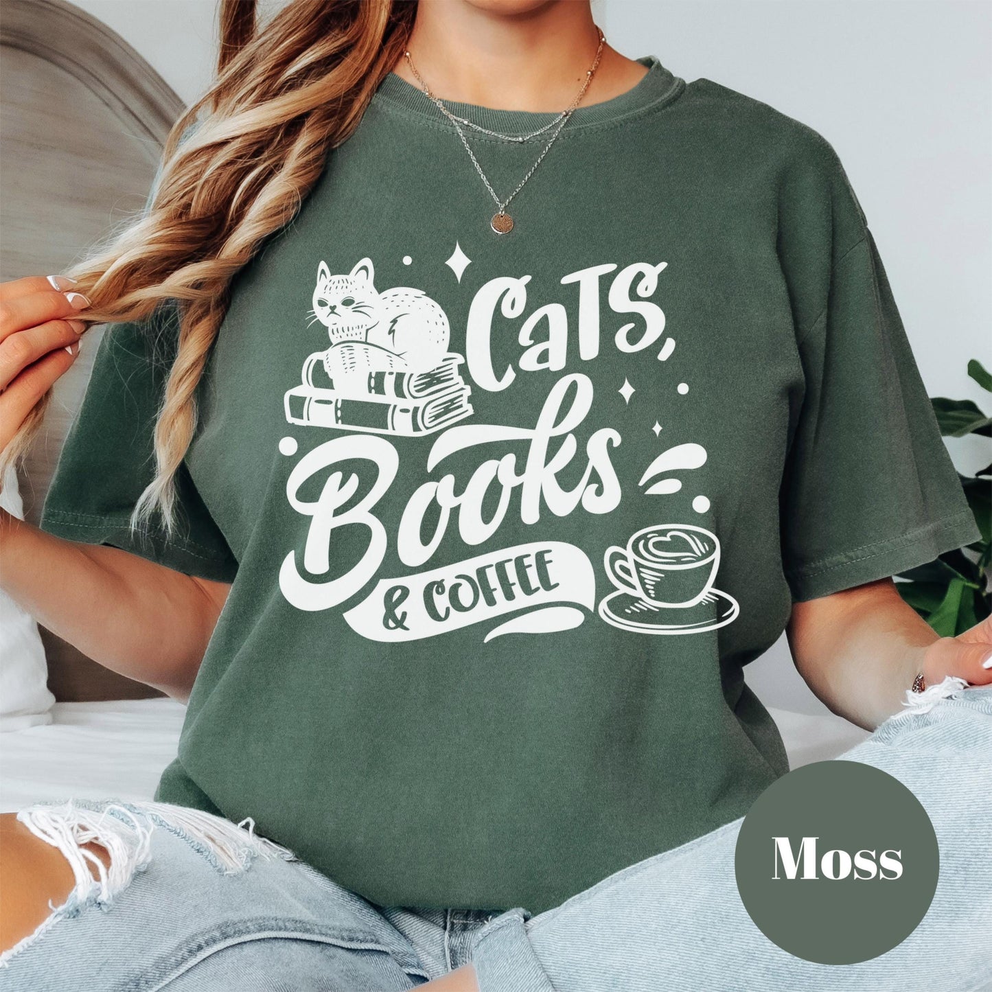 Cats Books and Coffee Shirt, Comfort Colors® Book Lover Tee, Cat Mom Gift, Cozy Reader Shirt, Bookish Graphic Tee, Coffee Shirt for Women