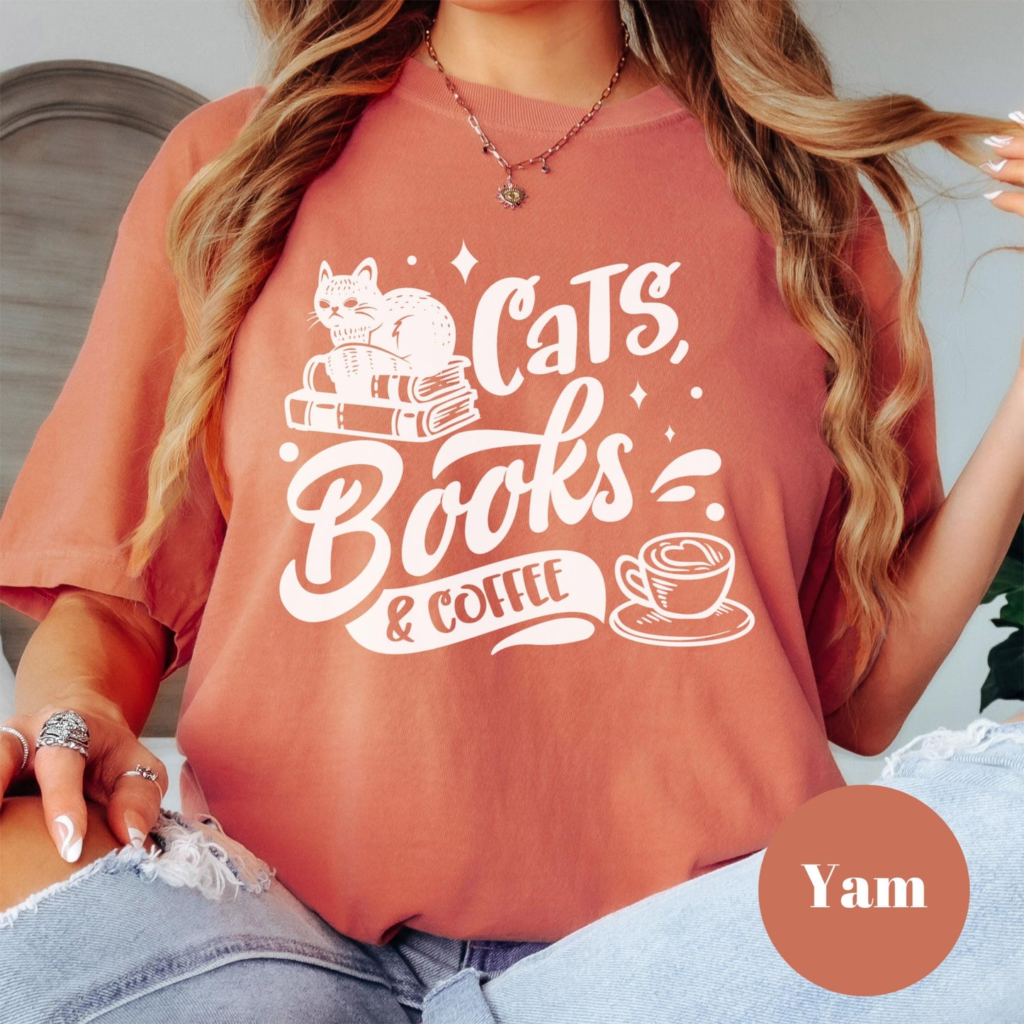 Cats Books and Coffee Shirt, Comfort Colors® Book Lover Tee, Cat Mom Gift, Cozy Reader Shirt, Bookish Graphic Tee, Coffee Shirt for Women