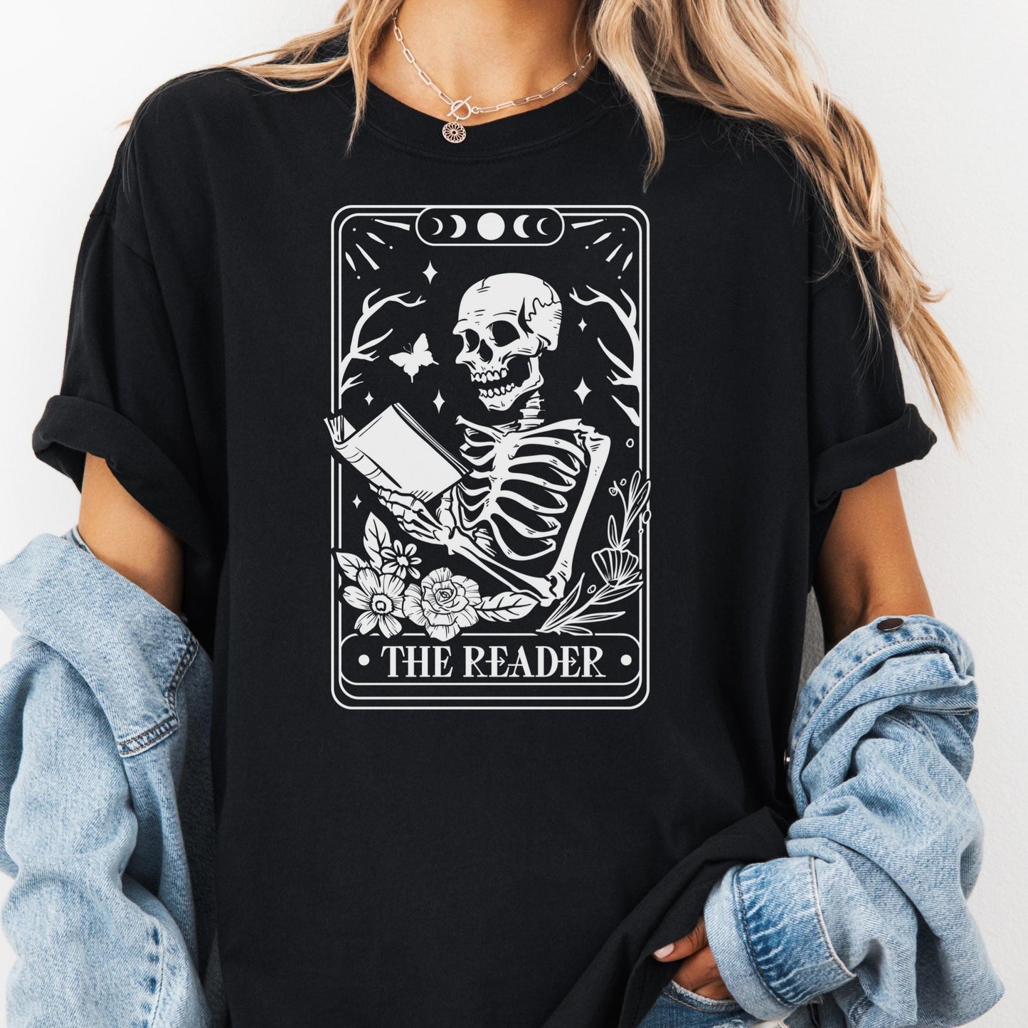 The Reader Tarot Shirt, Skeleton Book Shirt, Comfort Colors® Bookish Tee, Dark Academia Aesthetic, Gothic Reader Shirt, Creepy Cute Book Tee