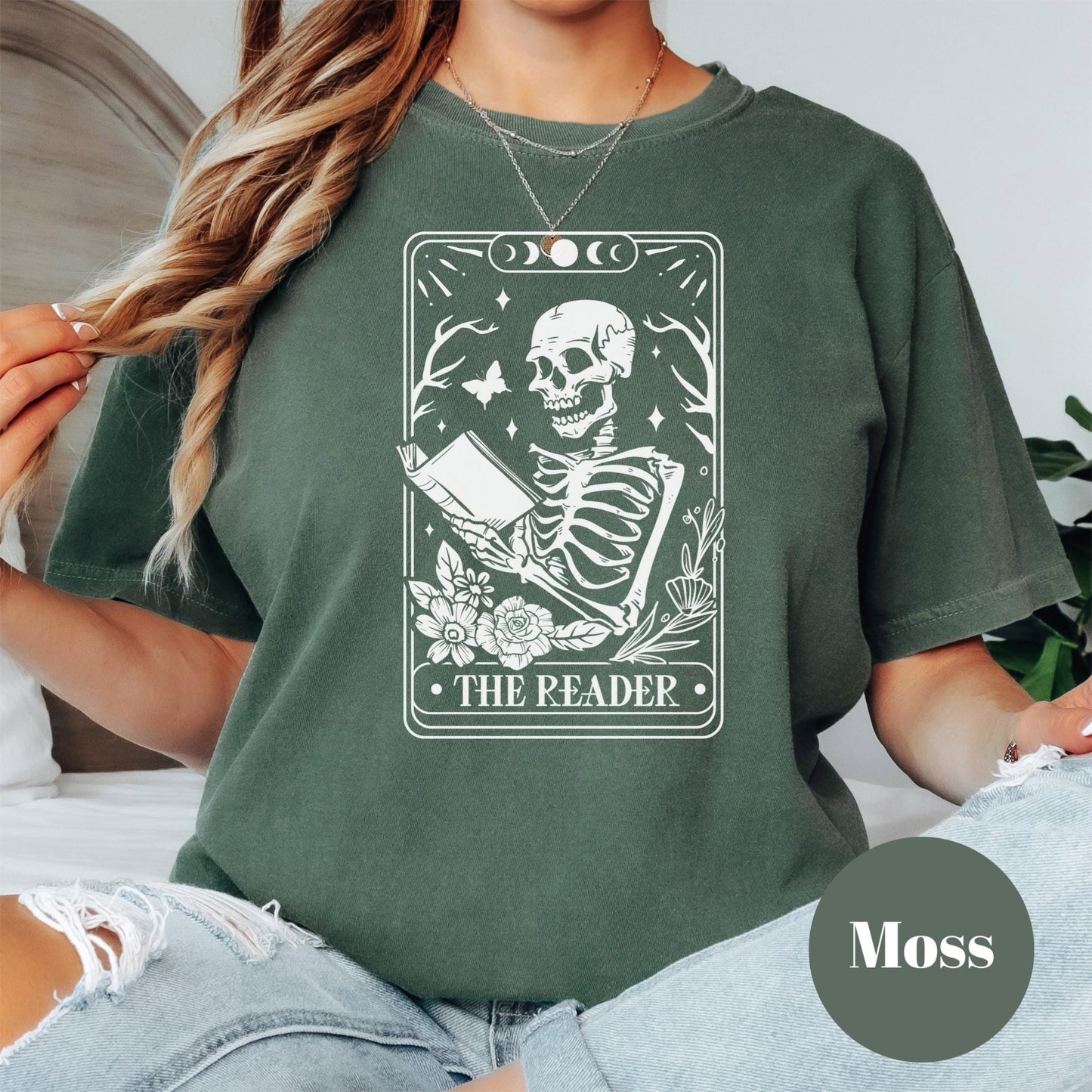 The Reader Tarot Shirt, Skeleton Book Shirt, Comfort Colors® Bookish Tee, Dark Academia Aesthetic, Gothic Reader Shirt, Creepy Cute Book Tee
