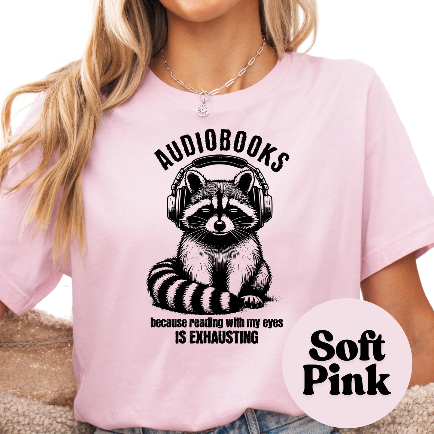 Audiobooks Are Exhausting Shirt – Funny Bookish Raccoon Tee – Audiobook Lover Shirt – Lazy Reader Gift – Bookworm Introvert Graphic Tee