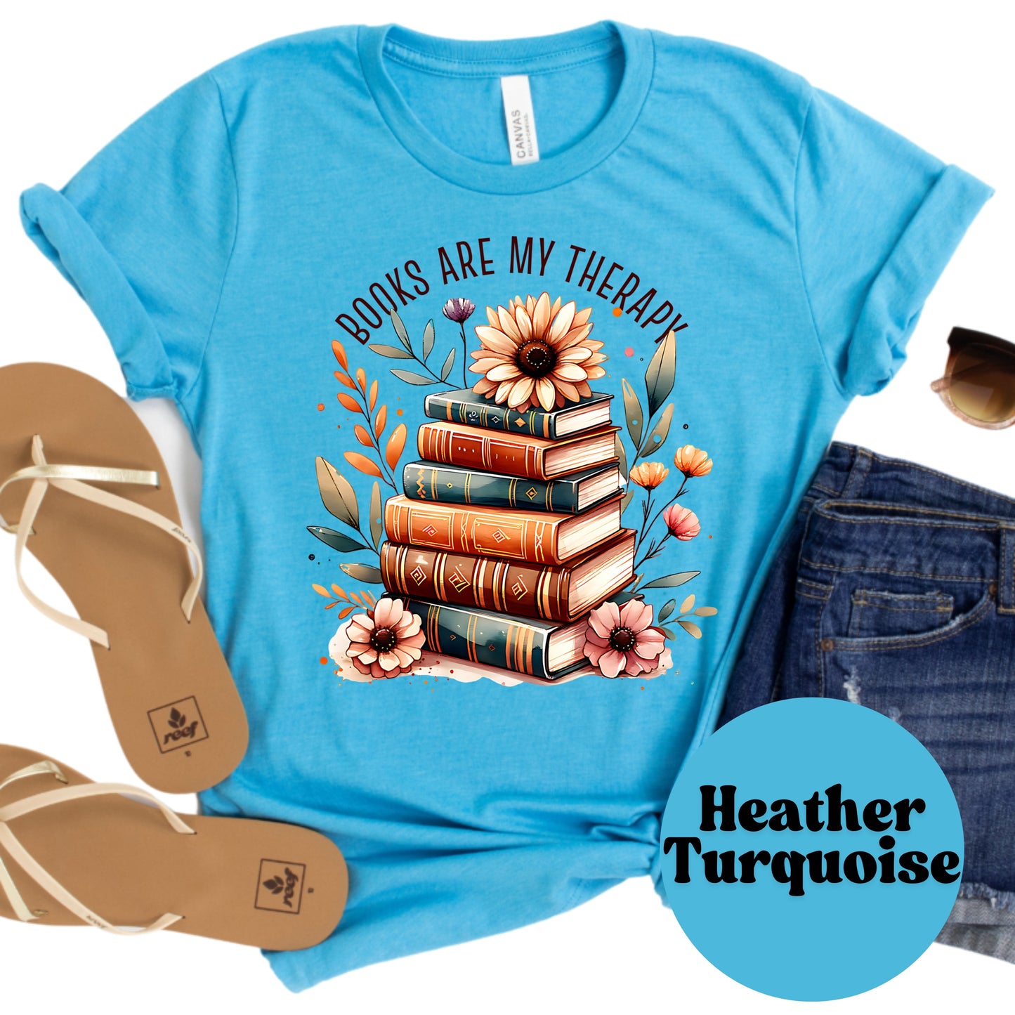 Books Are My Therapy Shirt – Floral Book Stack Tee – Mental Health Bookish Shirt – Reader Self-Care Tee – Book Lover Comfort Shirt