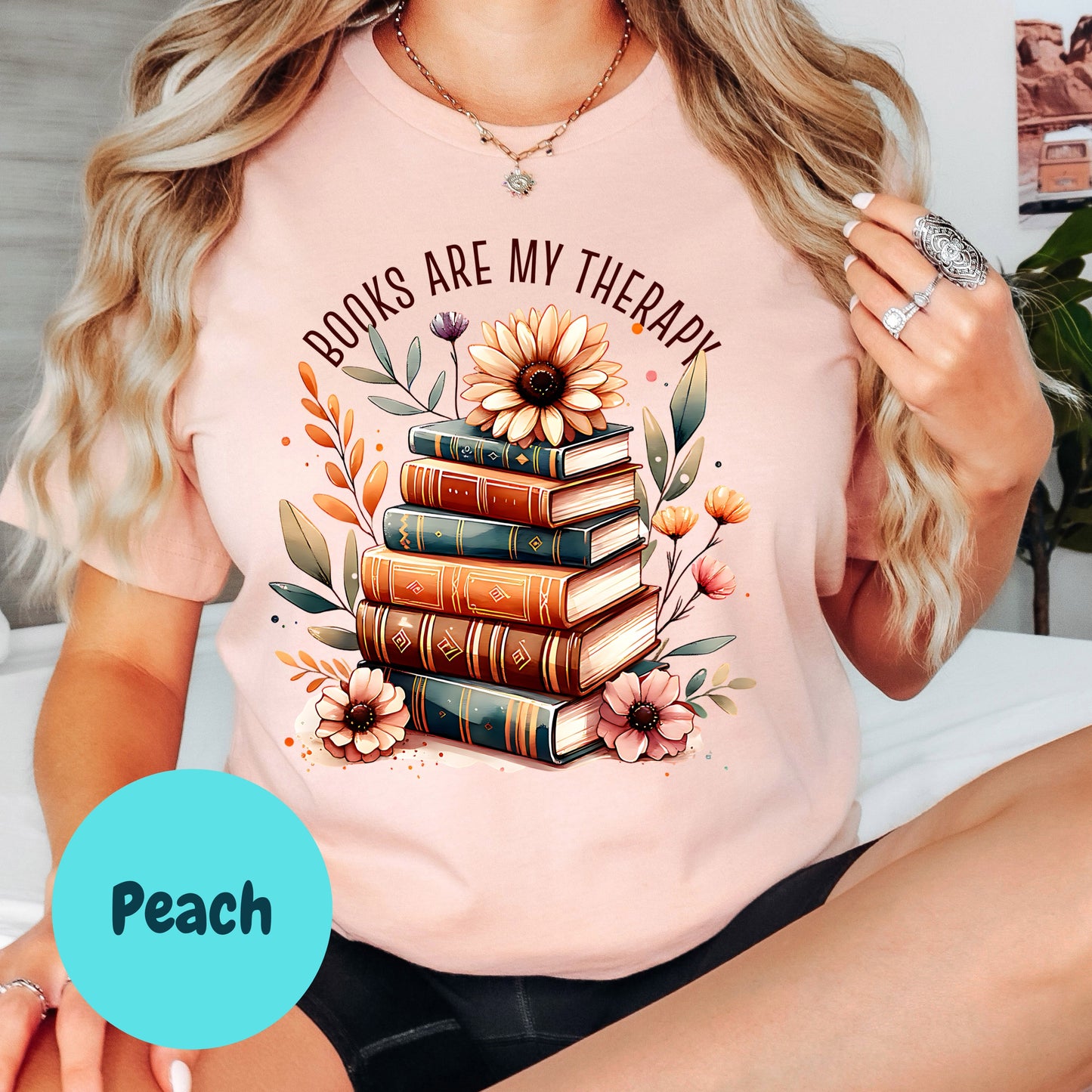 Books Are My Therapy Shirt – Floral Book Stack Tee – Mental Health Bookish Shirt – Reader Self-Care Tee – Book Lover Comfort Shirt
