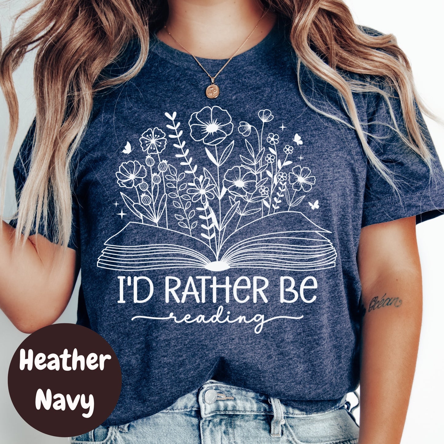 I'd Rather Be Reading Shirt – Floral Book Lover Tee – Aesthetic Reader Gift – Cute Literary Shirt – Heather Charcoal T-Shirt for Bookworms