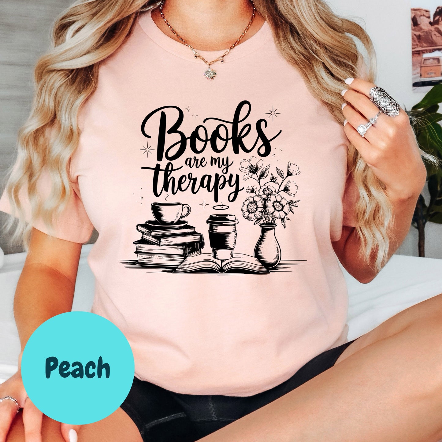 Books Are My Therapy Shirt – Book Lover Graphic Tee – Coffee and Books Reading Shirt – Bookish Self Care Gift – Literary Escape Tee
