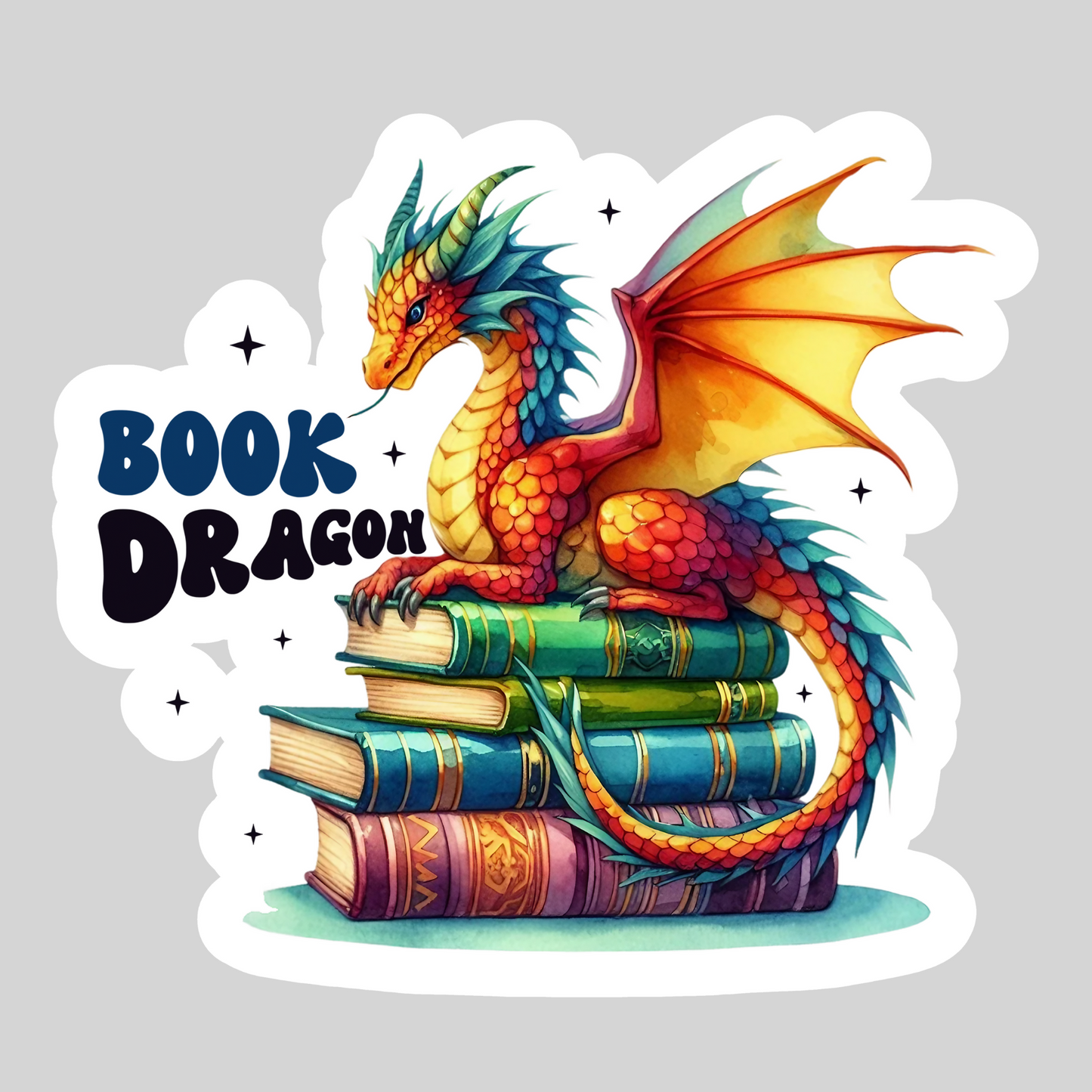 Book Dragon – Watercolor Colorful 3" Waterproof Bookish Sticker with Holo Overlay – Reading, Books, Reader Gift, Book Lover