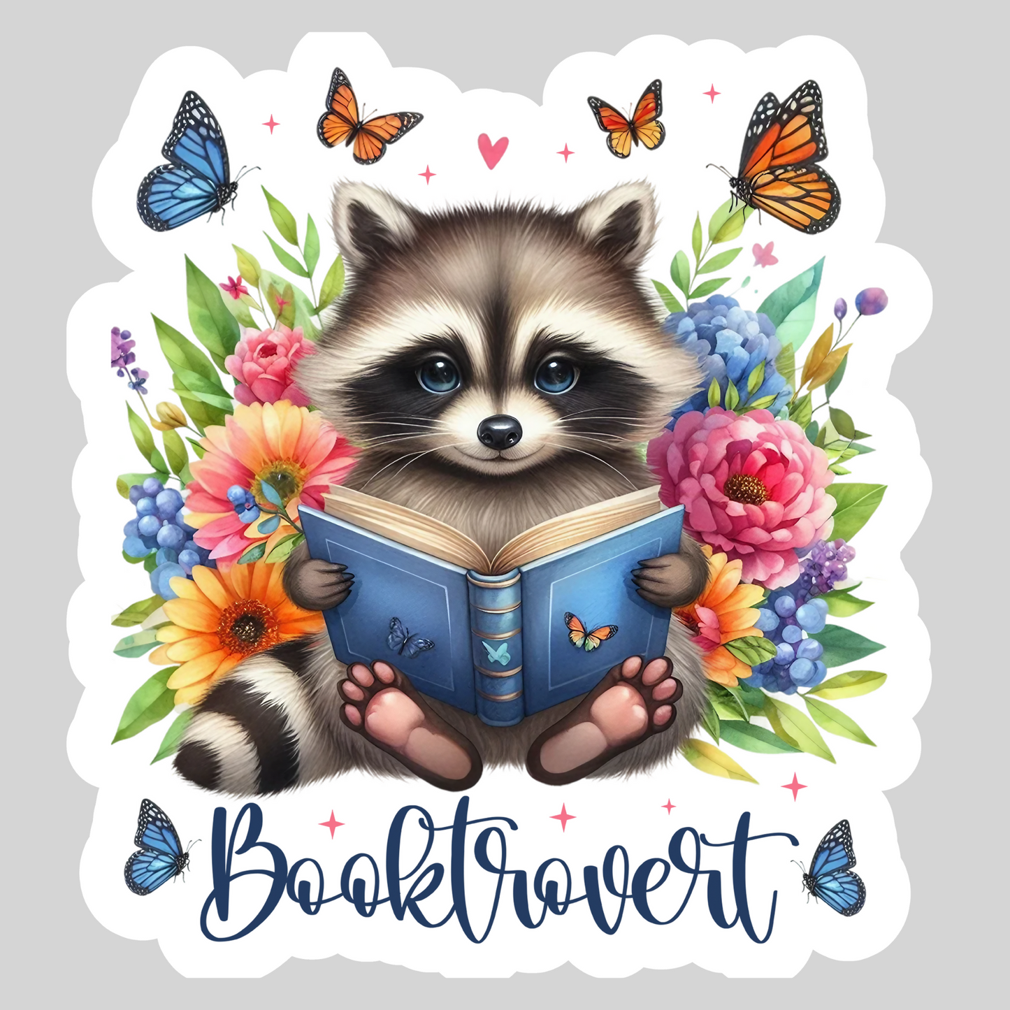 Booktrovert Raccoon Floral – 3" Waterproof Bookish Sticker with Holo Overlay – Reading, Books, Reader Gift, Book Lover