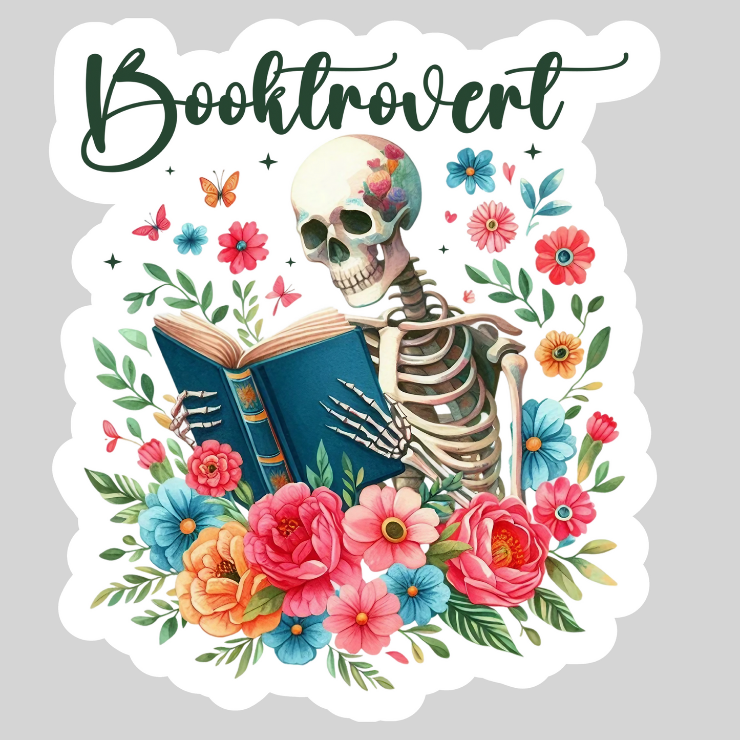Booktrovert Skeleton Floral – 3" Waterproof Bookish Sticker with Holo Overlay – Reading, Books, Reader Gift, Book Lover