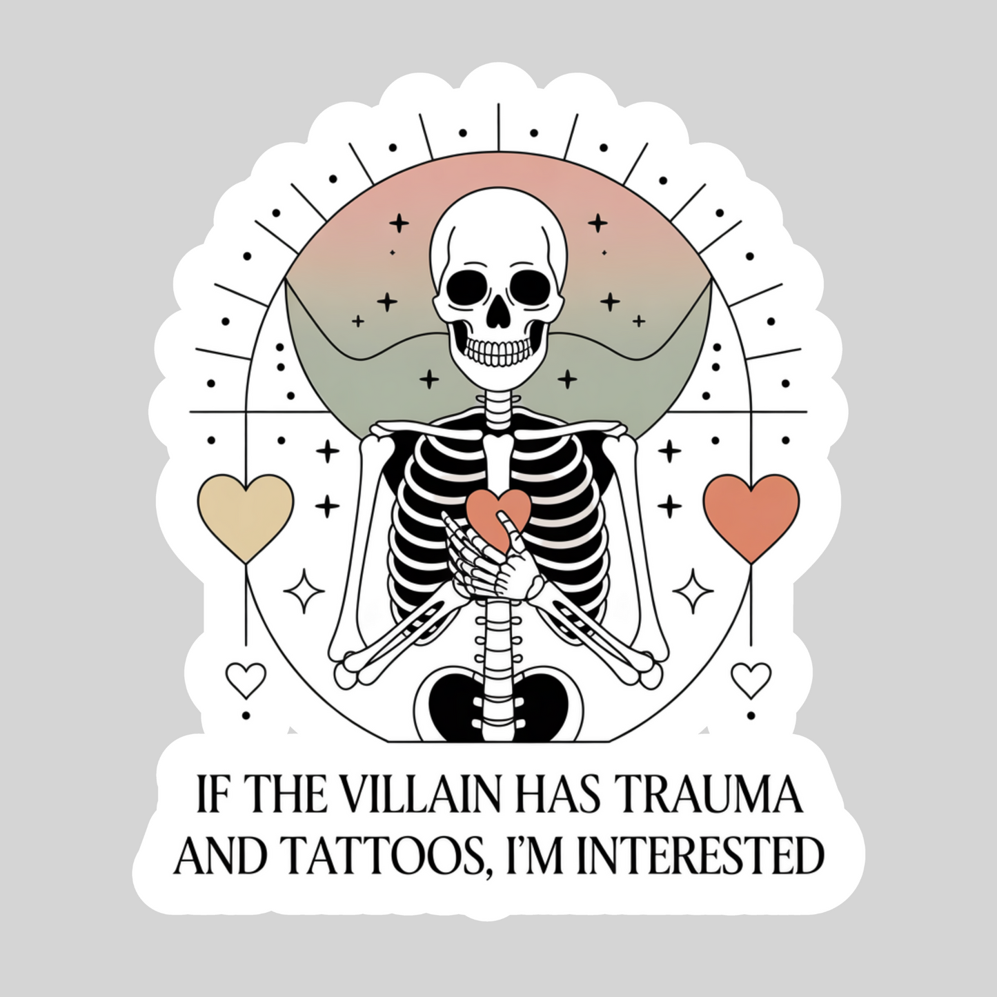 If The Villain Has Trauma and Tattoos, I'm Interested – 3" Waterproof Bookish Sticker with Holo Overlay – Reading, Books, Reader Gift, Book Lover