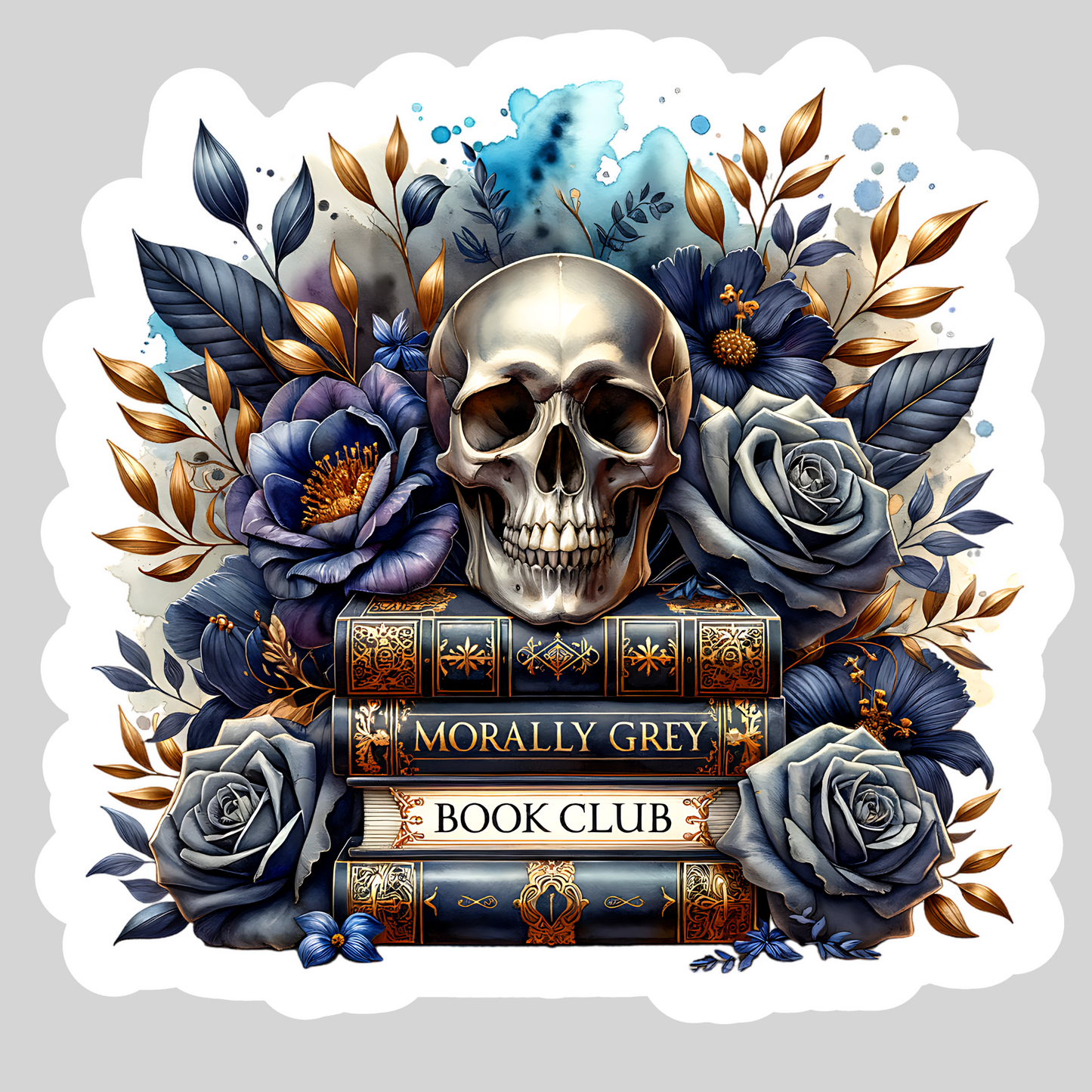 Morally Grey Book Club Book Stack Skull – 3" Waterproof Bookish Sticker with Holo Overlay – Reading, Books, Reader Gift, Book Lover
