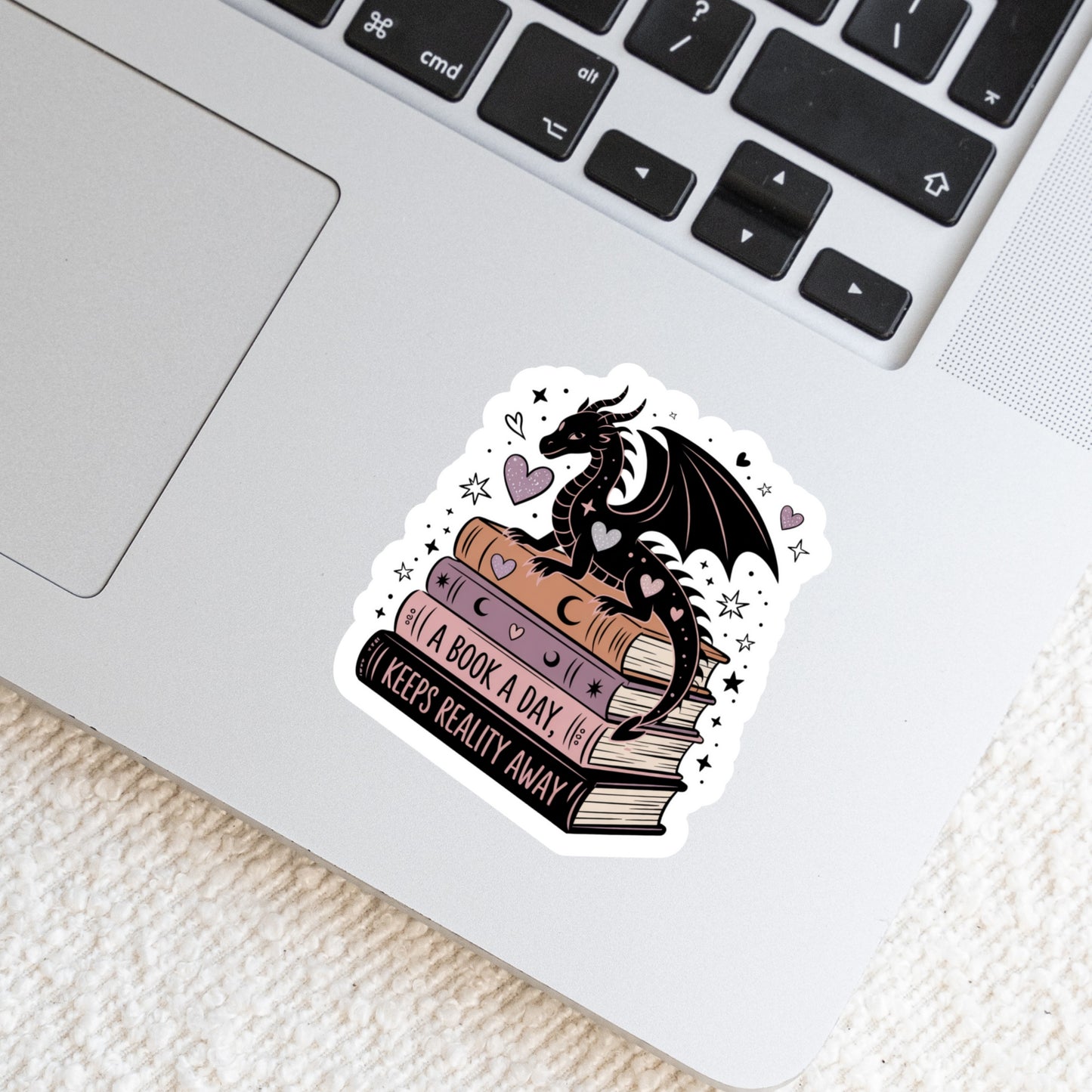 A Book A Day Keeps Reality Away Dragon โ 3" Waterproof Bookish Sticker with Holo Overlay โ Reading, Books, Reader Gift, Book Lover