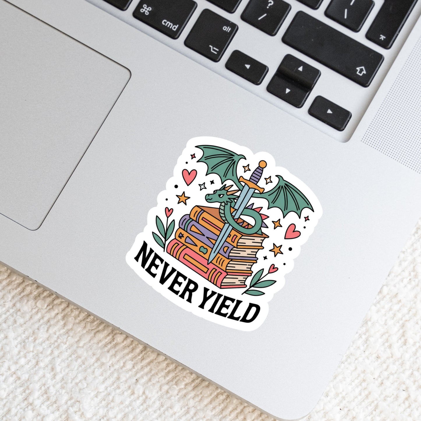 Never Yield Dragon Romantasy โ 3" Waterproof Bookish Sticker with Holo Overlay โ Reading, Books, Reader Gift, Book Lover