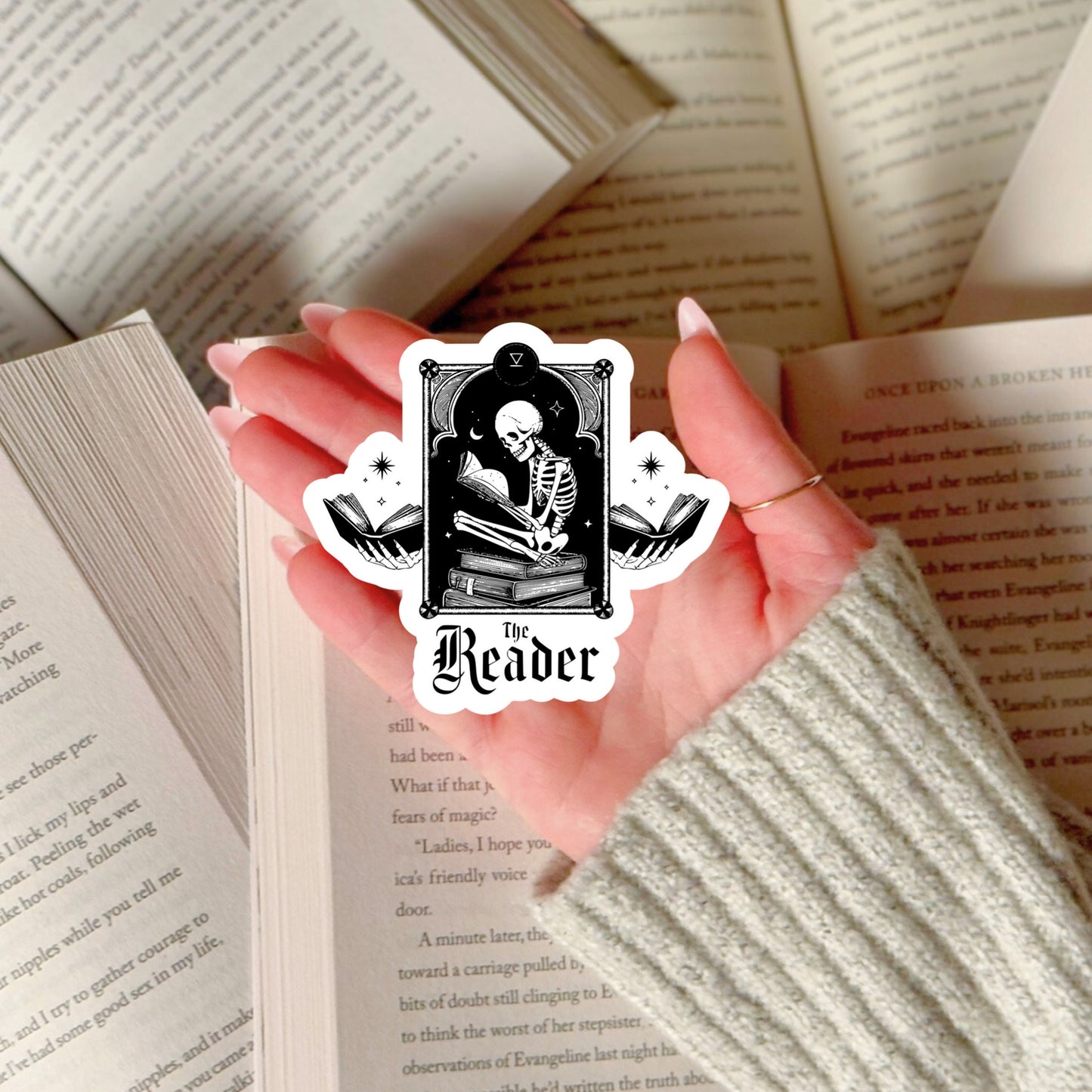 The Reader Tarot Card B&W โ 3" Waterproof Bookish Sticker with Holo Overlay โ Reading, Books, Reader Gift, Book Lover