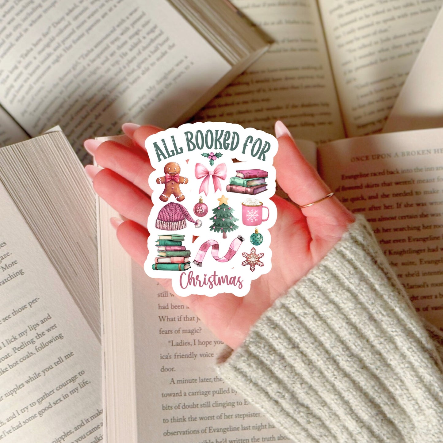 All Booked for Christmas โ 3" Waterproof Bookish Sticker with Holo Overlay โ Reading, Books, Reader Gift, Book Lover