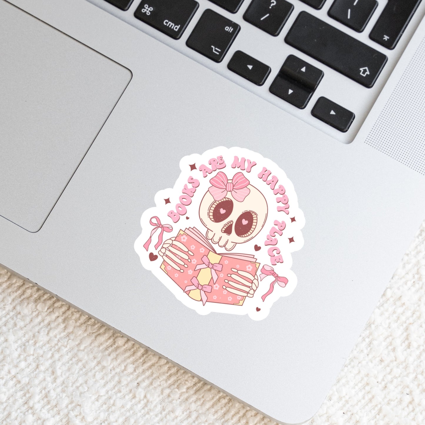 Books are My Happy Place Pink Skeleton Skull โ 3" Waterproof Bookish Sticker with Holo Overlay โ Reading, Books, Reader Gift, Book Lover