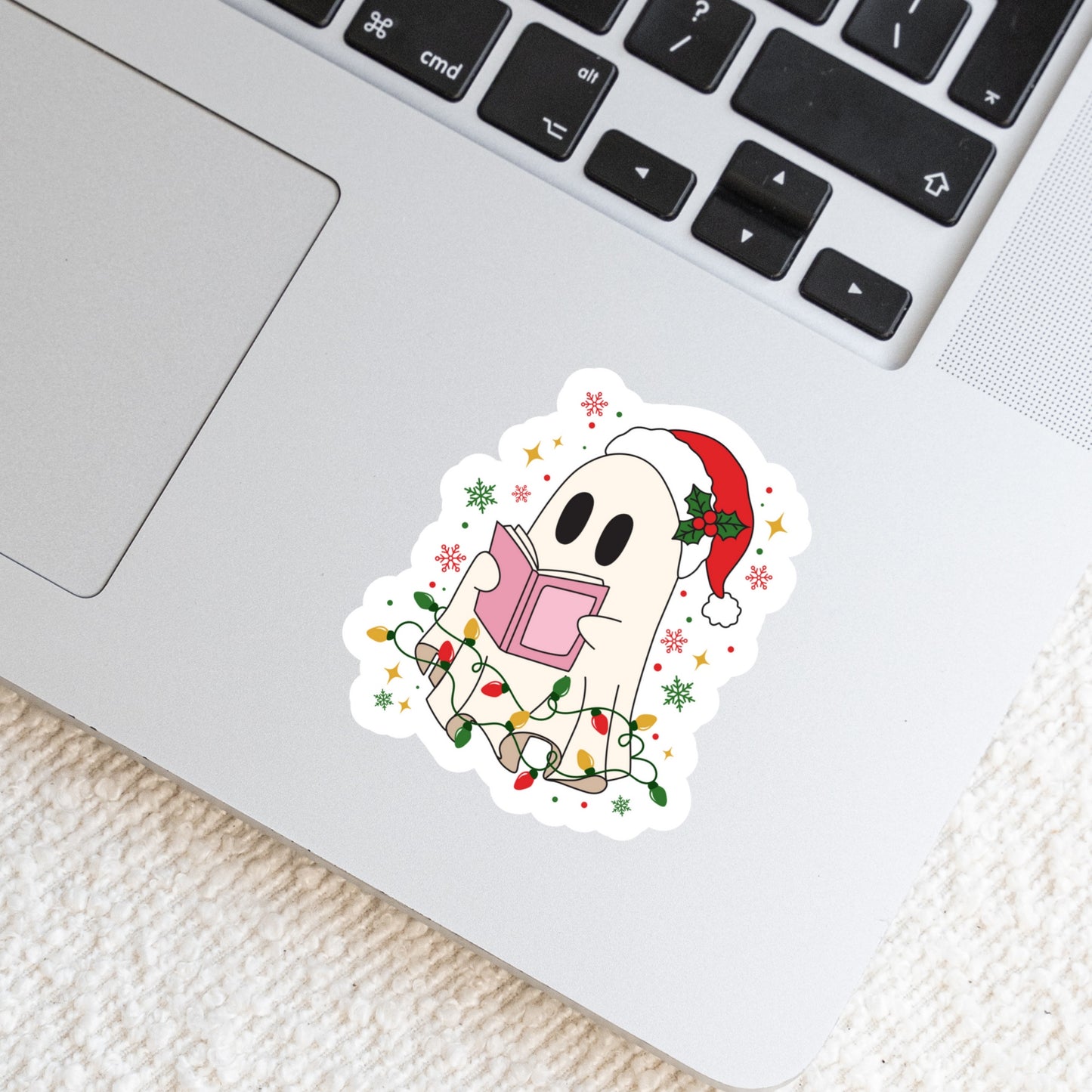Christmas Ghost Reading with Lights โ 3" Waterproof Bookish Sticker with Holo Overlay โ Reading, Books, Reader Gift, Book Lover