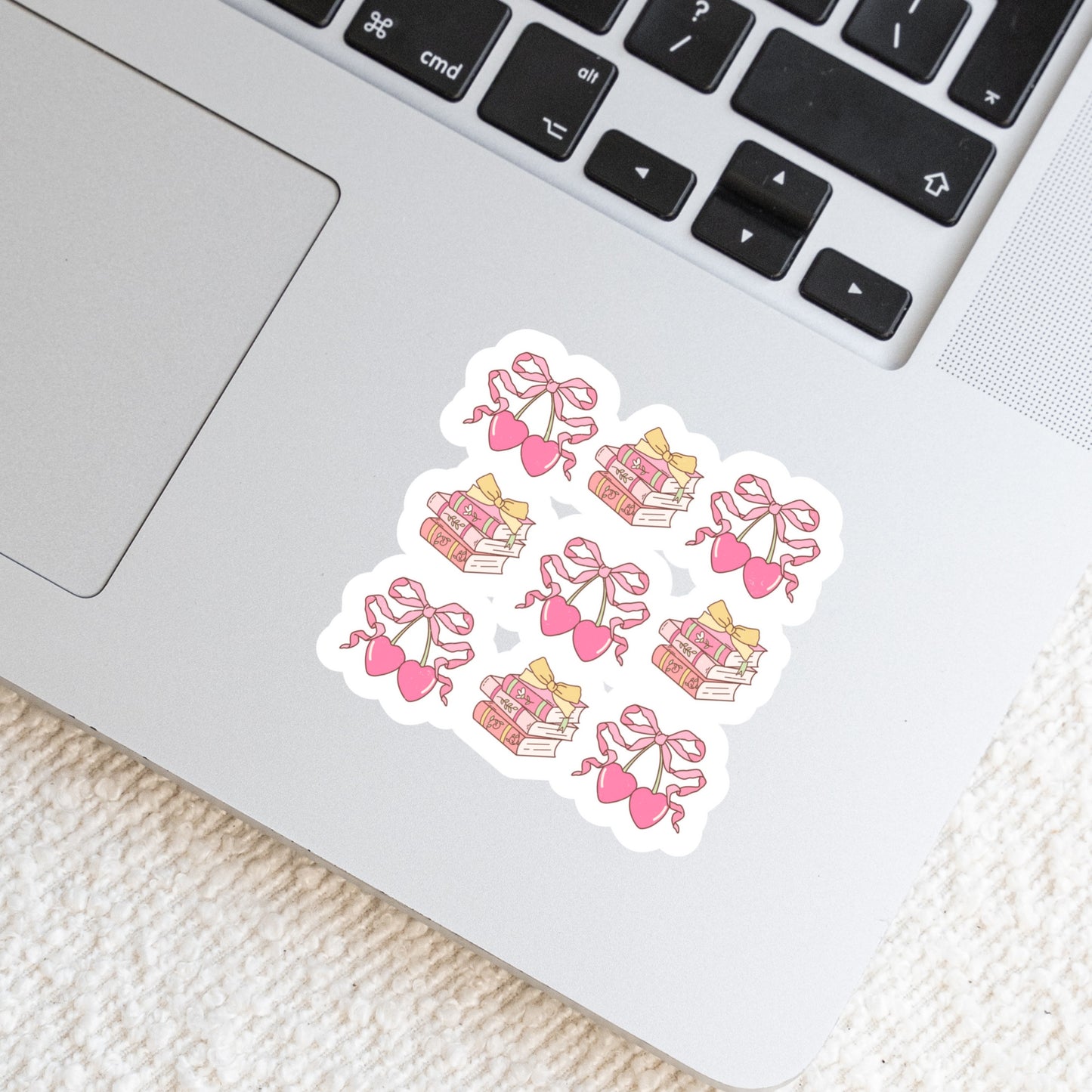 Book Girlie Coquette Cherries and Bows โ 3" Waterproof Bookish Sticker with Holo Overlay โ Reading, Books, Reader Gift, Book Lover