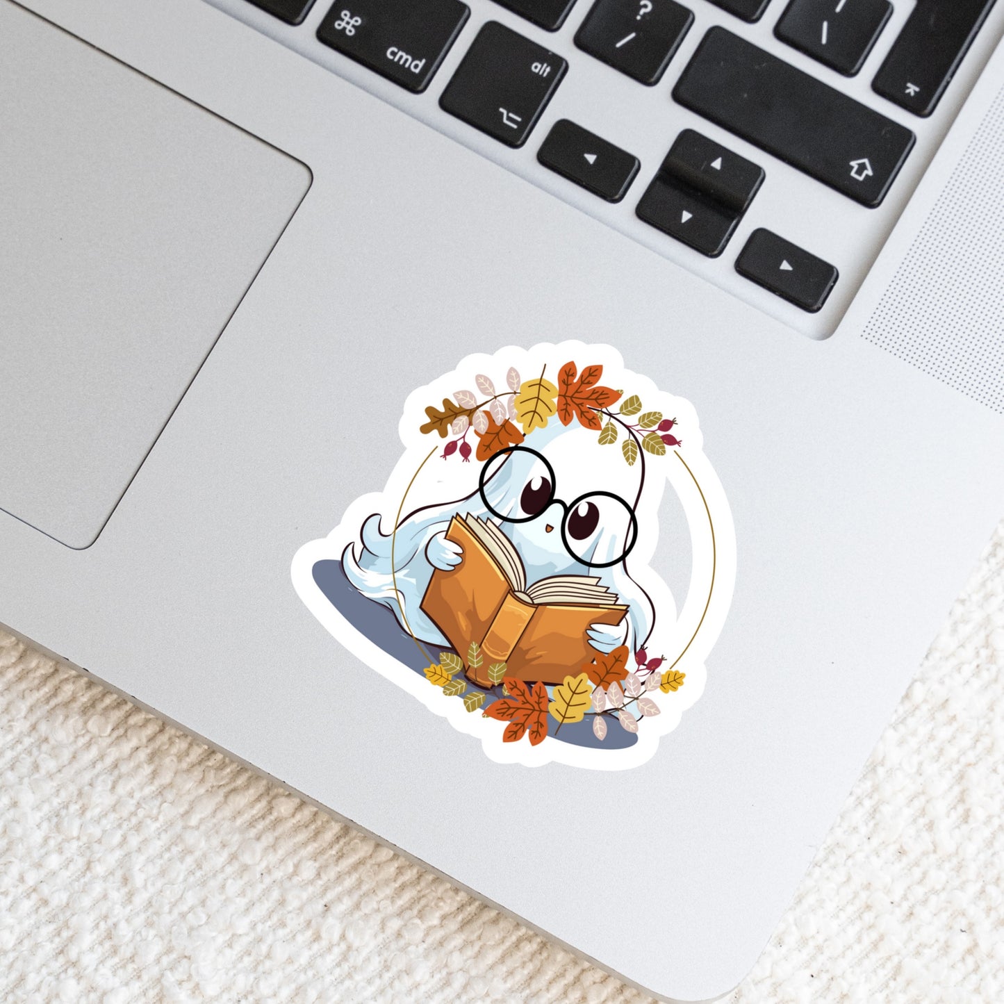 Cute Fall Reading Ghosty Ghost โ 3" Waterproof Bookish Sticker with Holo Overlay โ Reading, Books, Reader Gift, Book Lover