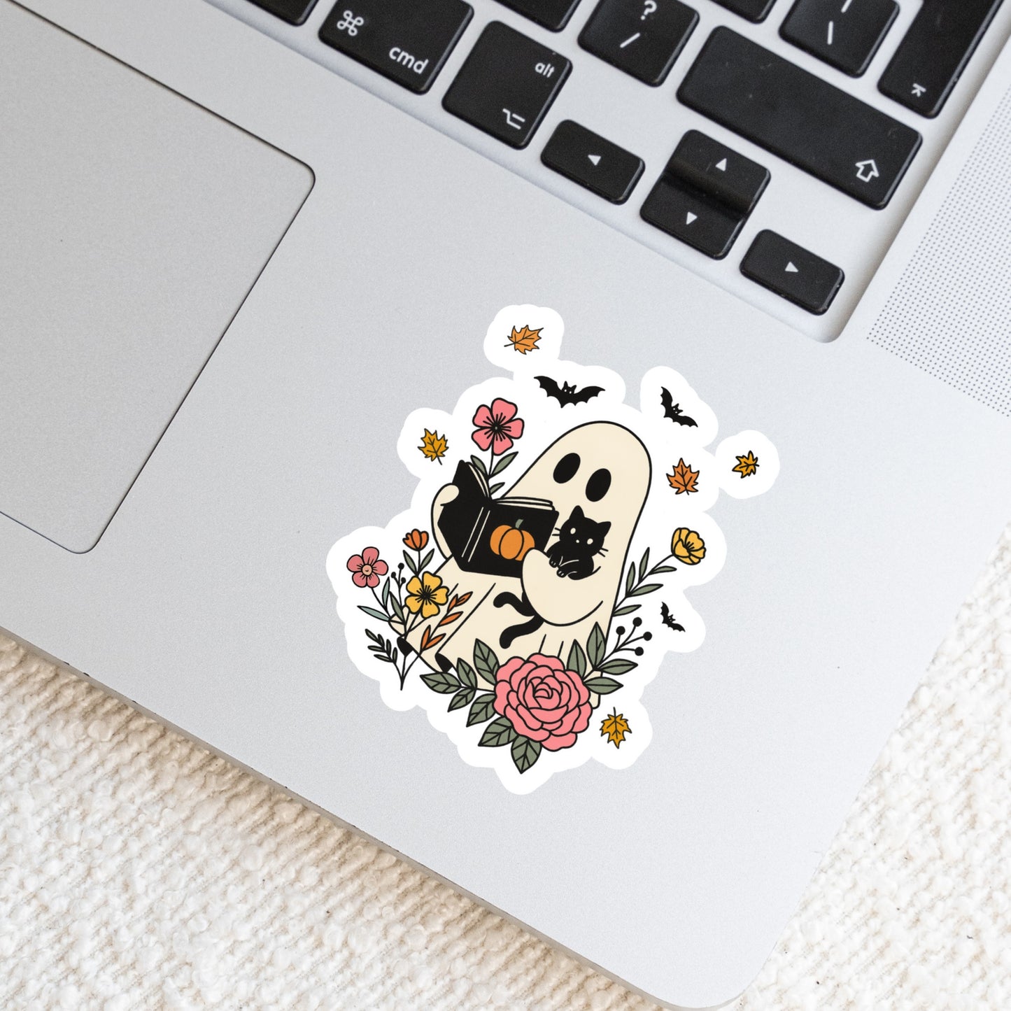 Floral Ghosty with Kitty Cat reading Books โ 3" Waterproof Bookish Sticker with Holo Overlay โ Reading, Books, Reader Gift, Book Lover