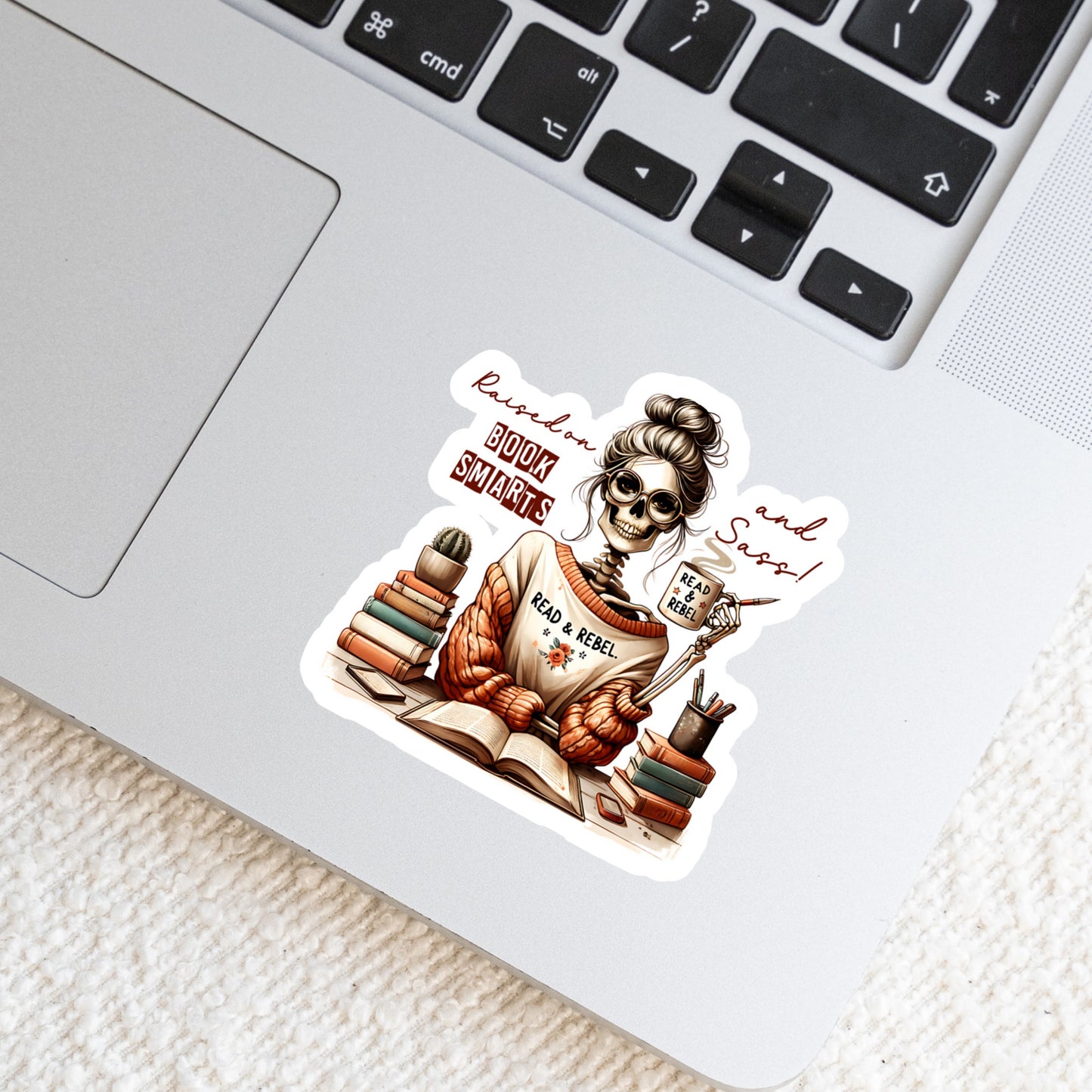 Raised on Books Smarts and Sass Book Reader Sticker โ 3" Waterproof Bookish Sticker with Holo Overlay โ Reading, Books, Reader Gift, Book Lover, Bookstore Merch