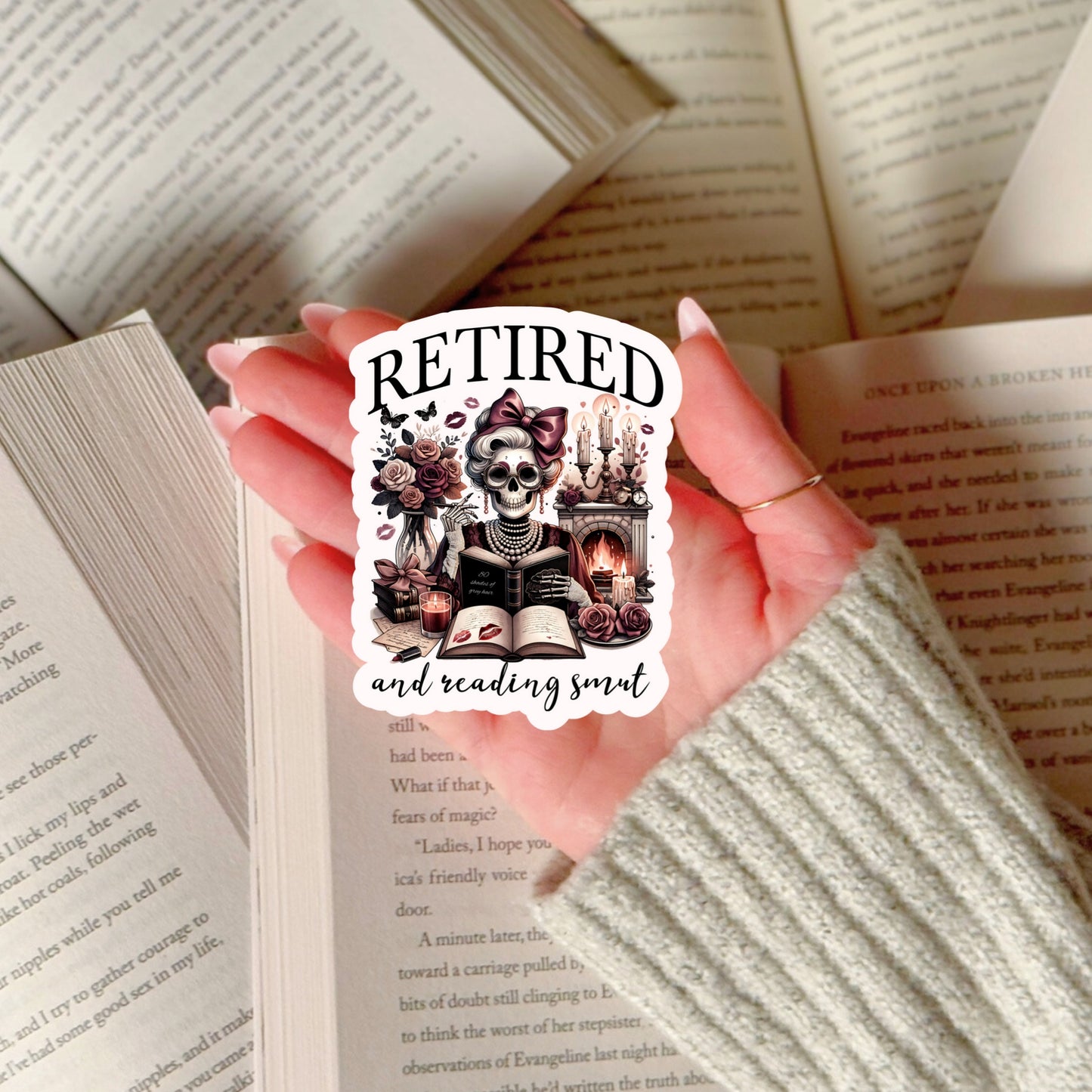 RETIRED and Reading SMUT Book Reader Sticker โ 3" Waterproof Bookish Sticker with Holo Overlay โ Reading, Books, Reader Gift, Book Lover, Bookstore Merch