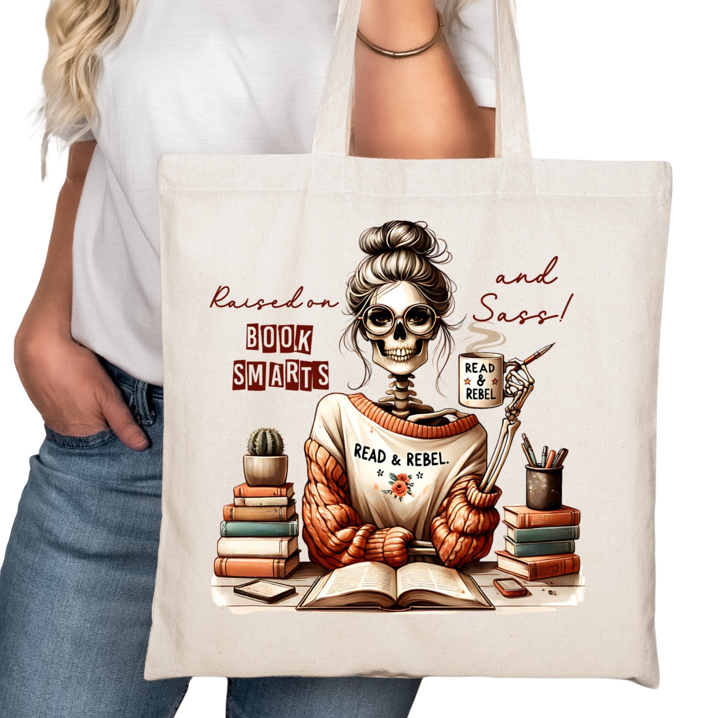 Raised on Book Smarts and Sass Bookish Tote Bag – Reading Tote for Book Lovers – Book Reader Bag - Romance Reader Tote - Book Store