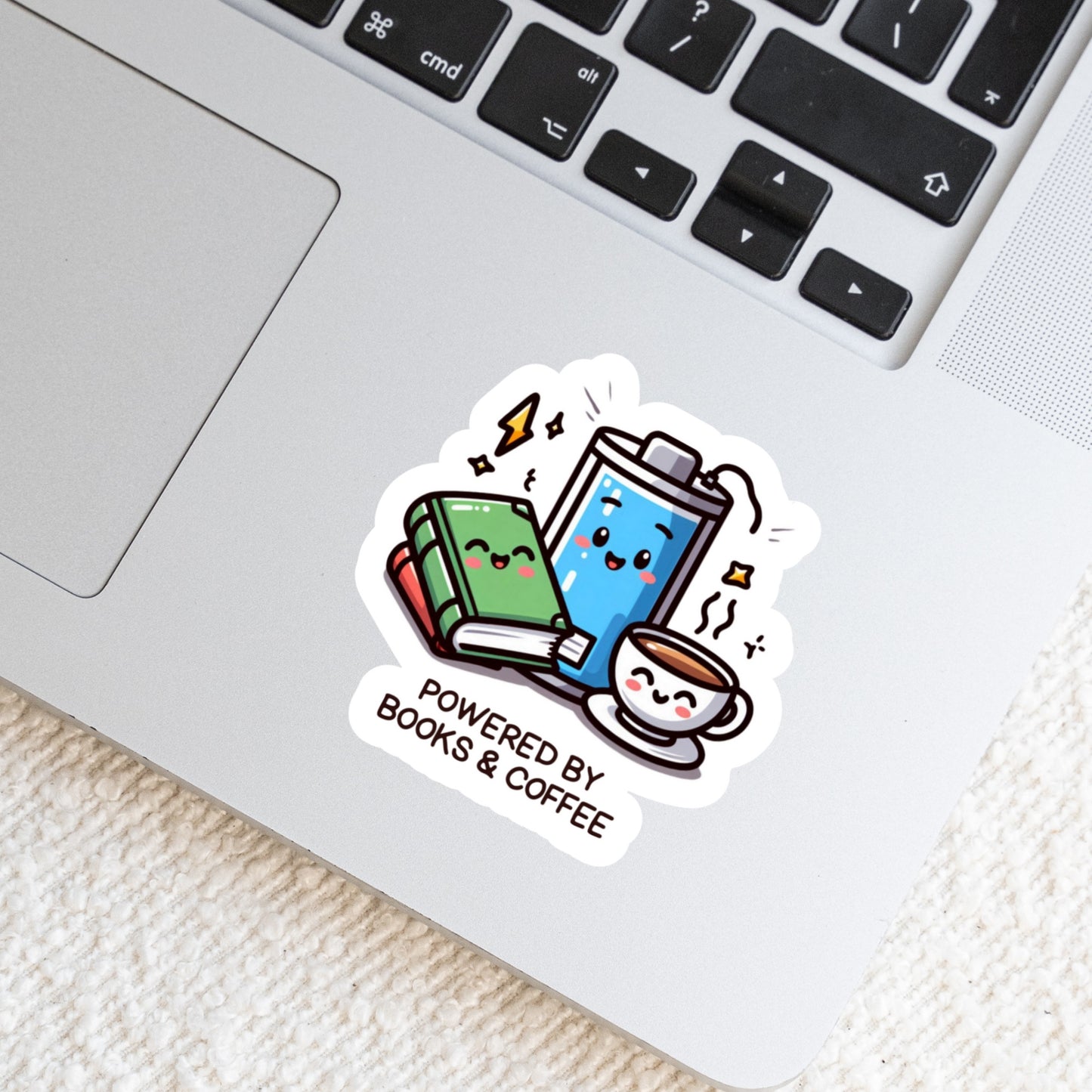 Powered By Books and Coffee Kawaii Book Reader Sticker โ 3" Waterproof Bookish Sticker with Holo Overlay โ Reading, Books, Reader Gift