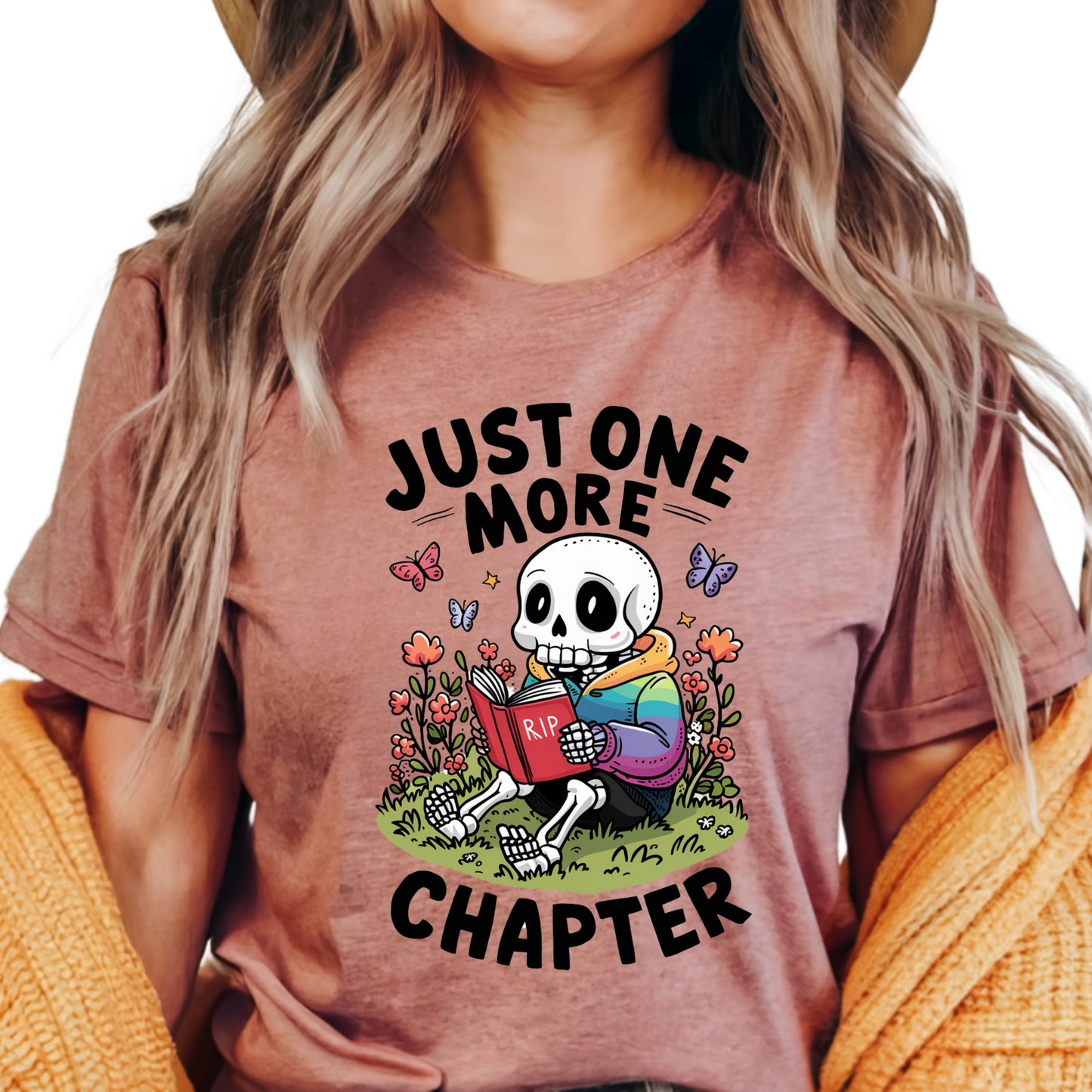 Just One More Chapter Skeleton Shirt - Funny Book Lover Gift for Mom, Sister, Wife, Daughter - Cute Reading Tee for Bookworms