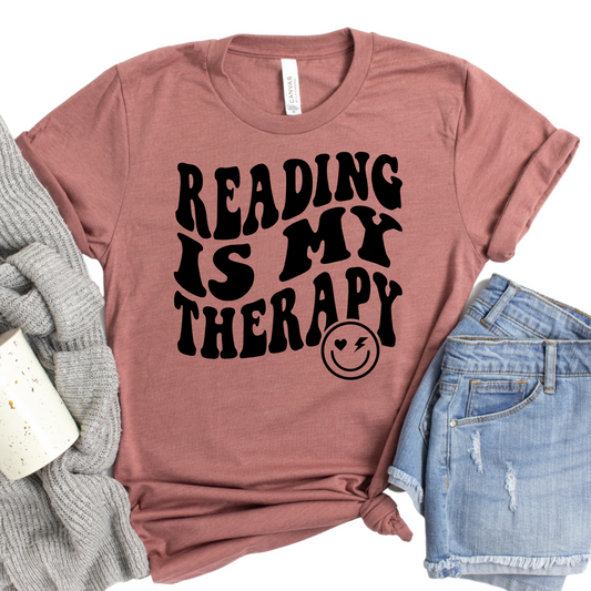 Reading Is My Therapy T-Shirt, Book Lover Gift for Women, Perfect for Mom, Sister, Wife, Daughter, Cozy Reader Tee with Smiley Design