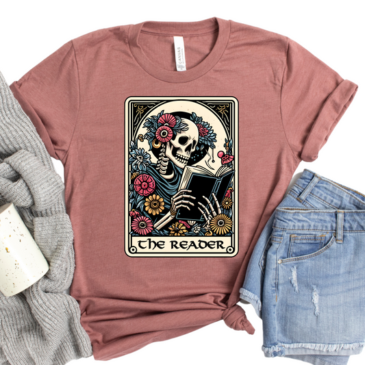 The Reader Tarot Skeleton Shirt – Gothic Book Lover Gift for Women, Vintage Floral Skull Design Tee for Mom, Sister, Wife, Daughter, Reading