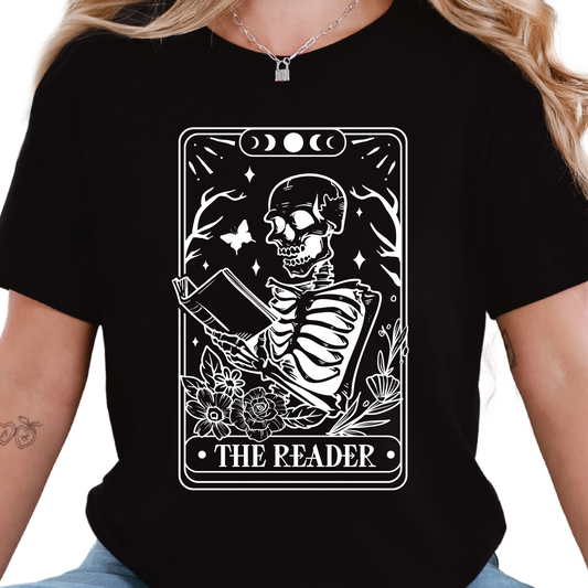 The Reader Shirt - Gothic Tarot Skeleton Reading Tee - Book Lover Aesthetic T-Shirt - Spooky Dark Academia Shirt - Gift for Readers