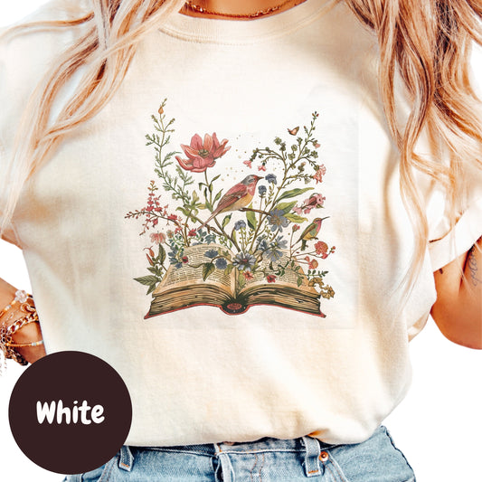 Floral Book Shirt, Book Lover Tee, Vintage Literary Shirt, Cottagecore Book Tee, Nature Reader Shirt, Botanical Book Graphic Tee, Gifts for Readers