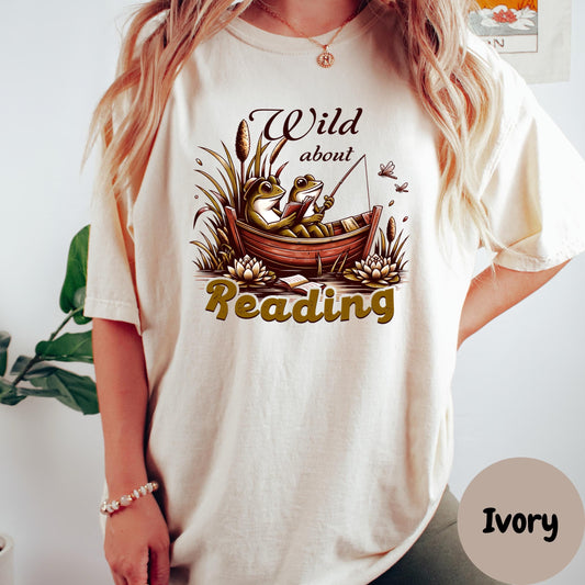 Wild About Reading Comfort Colors® Shirt, Cute Frog Reading Shirt, Nature Book Lover Tee, Librarian or Teacher Shirt, Cottagecore Tee