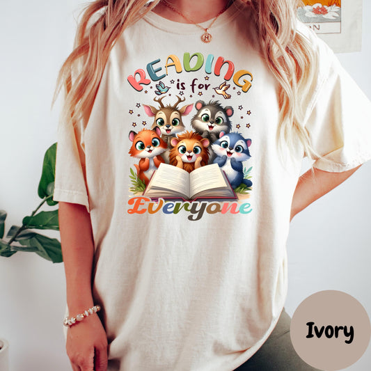 Reading is for Everyone Comfort Colors® Shirt, Cute Animal Book Lover Tee, Inclusive Reading Shirt, Teacher or Librarian Shirt, Storytime